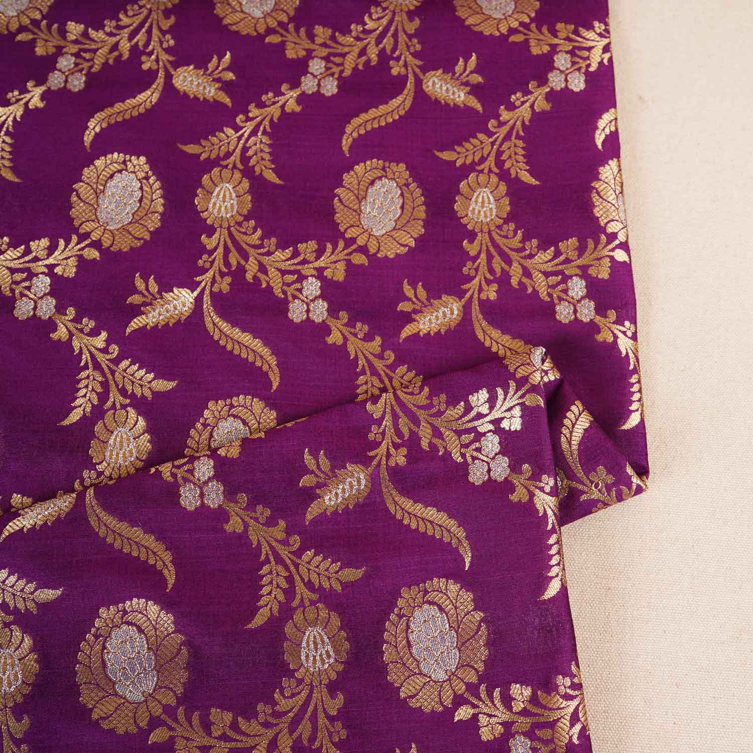 Purple Floral Jaal Katan Silk Fabric NH-28905 - TradeUNO