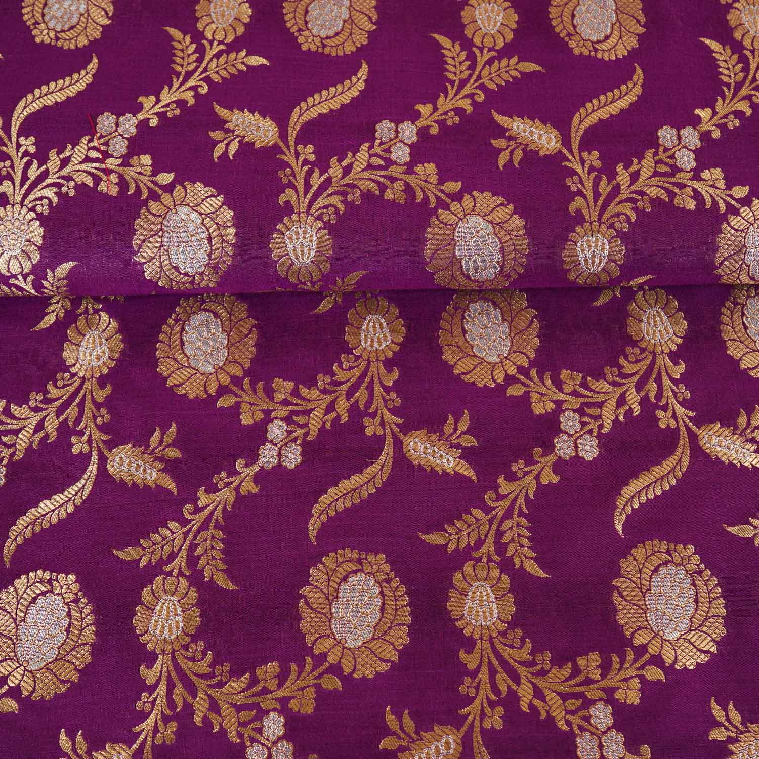 Purple Floral Jaal Katan Silk Fabric NH-28905 - TradeUNO