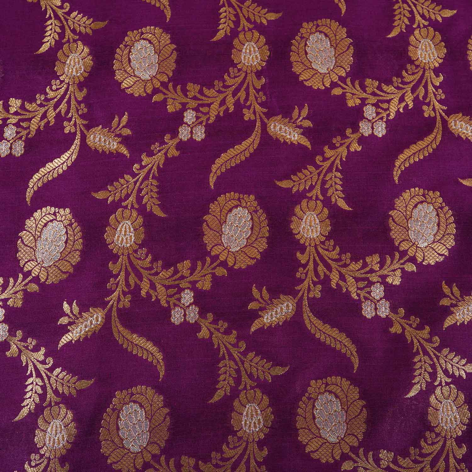Purple Floral Jaal Katan Silk Fabric NH-28905 - TradeUNO