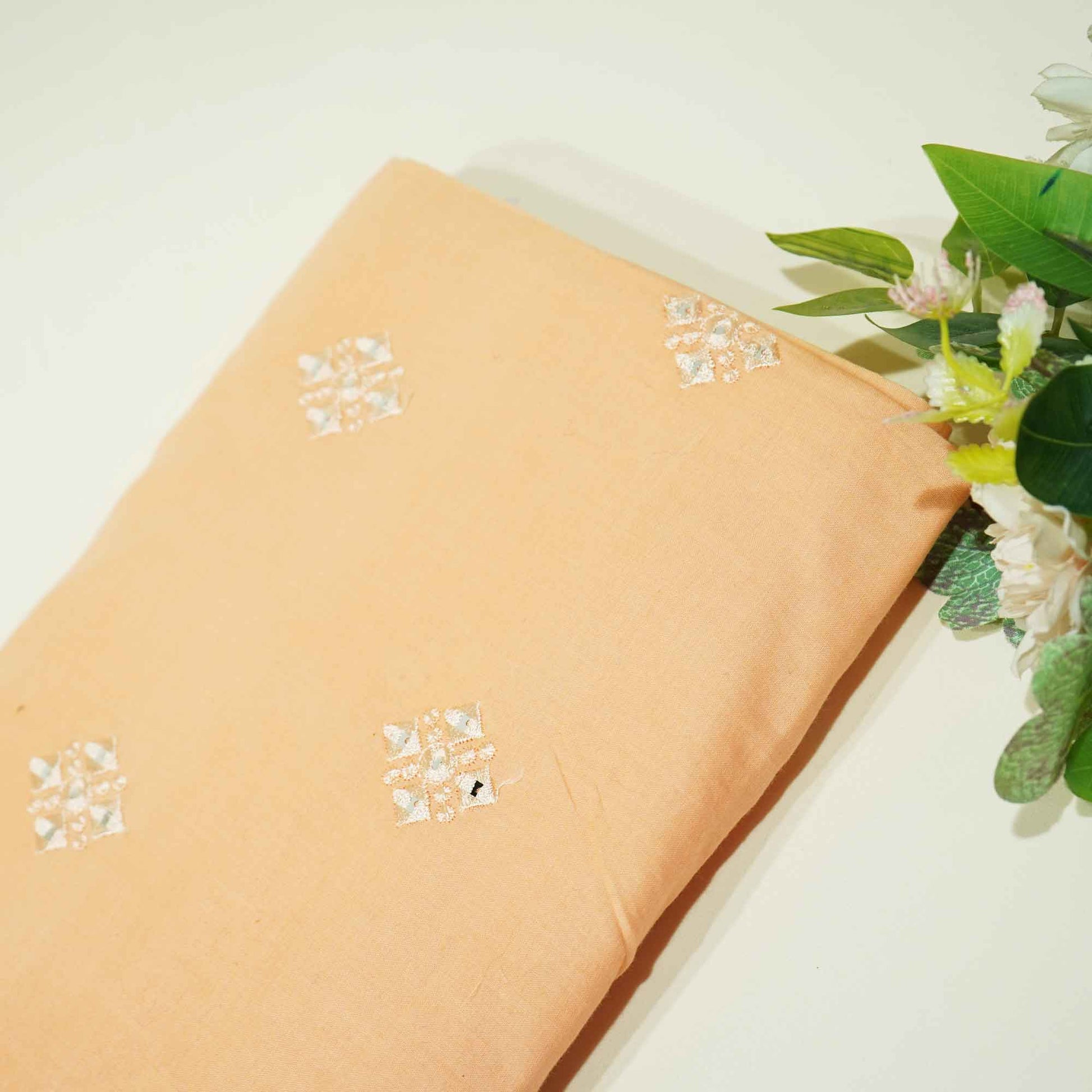 Salmon Pink Floral Sequence Thread Embroidery Cotton WI-9096