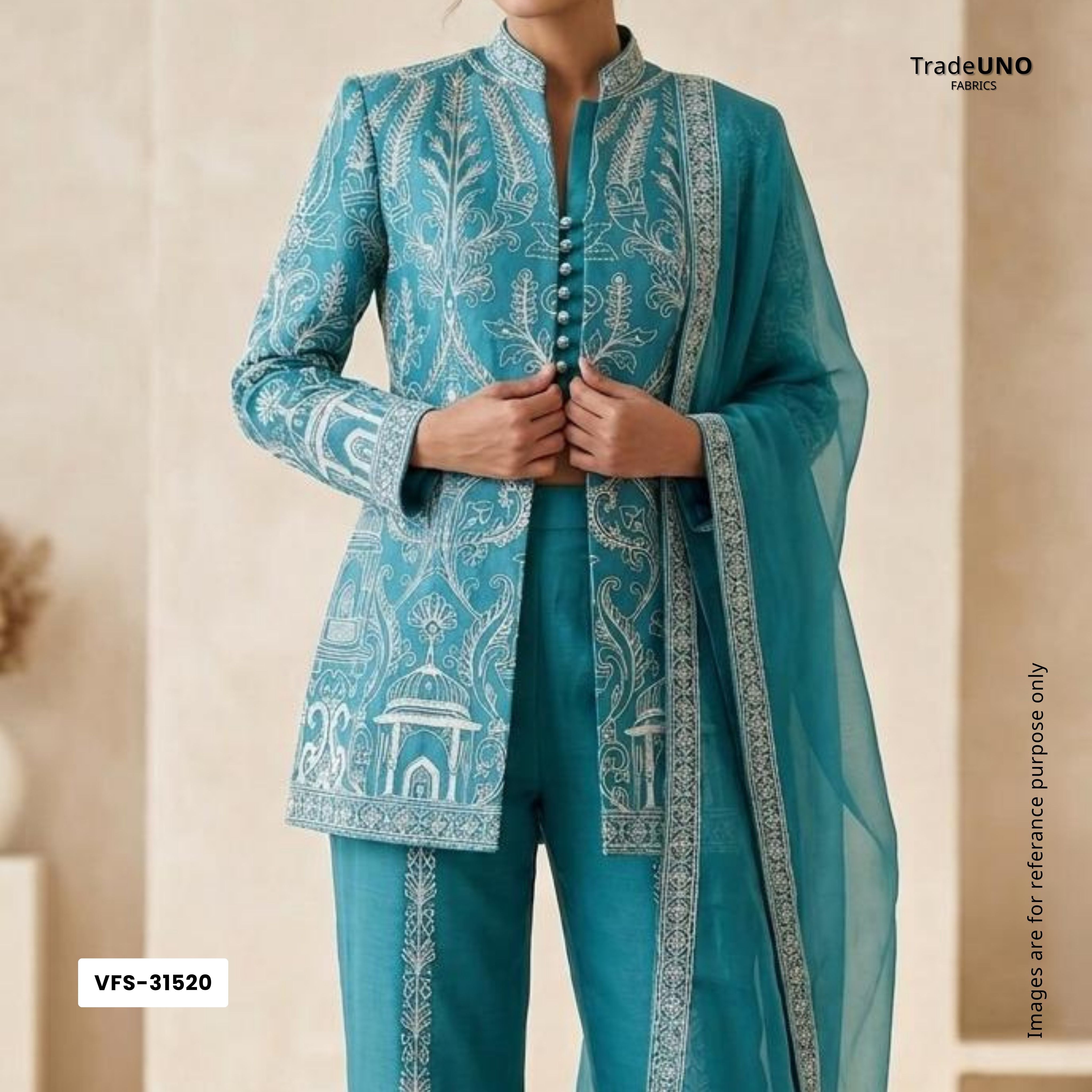 Peacock Blue Traditional Dori Work Organza Fabric VFS-31520 - TradeUNO