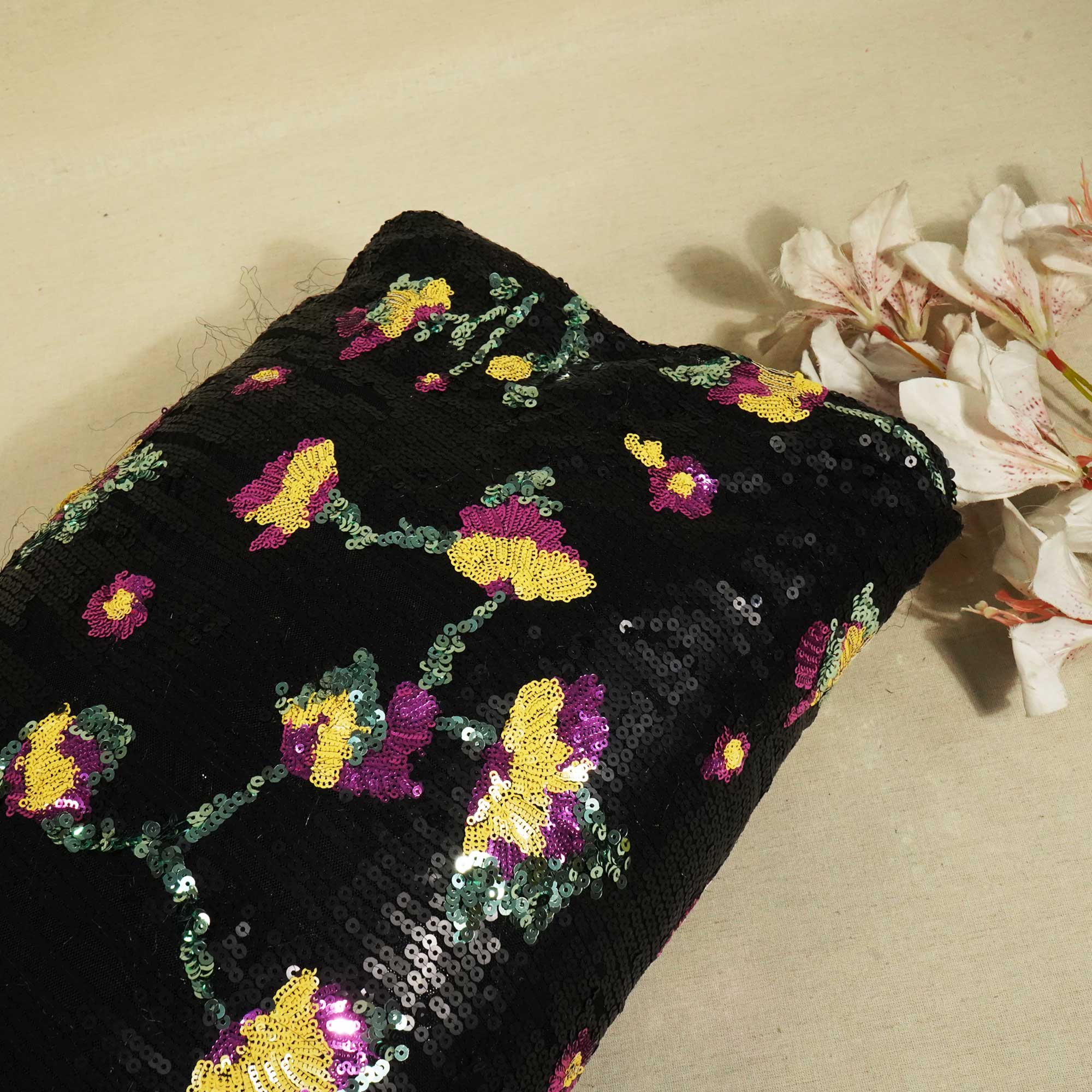 Black & Multicolor Floral Sequence Embroidery Lycra Net CF-9111