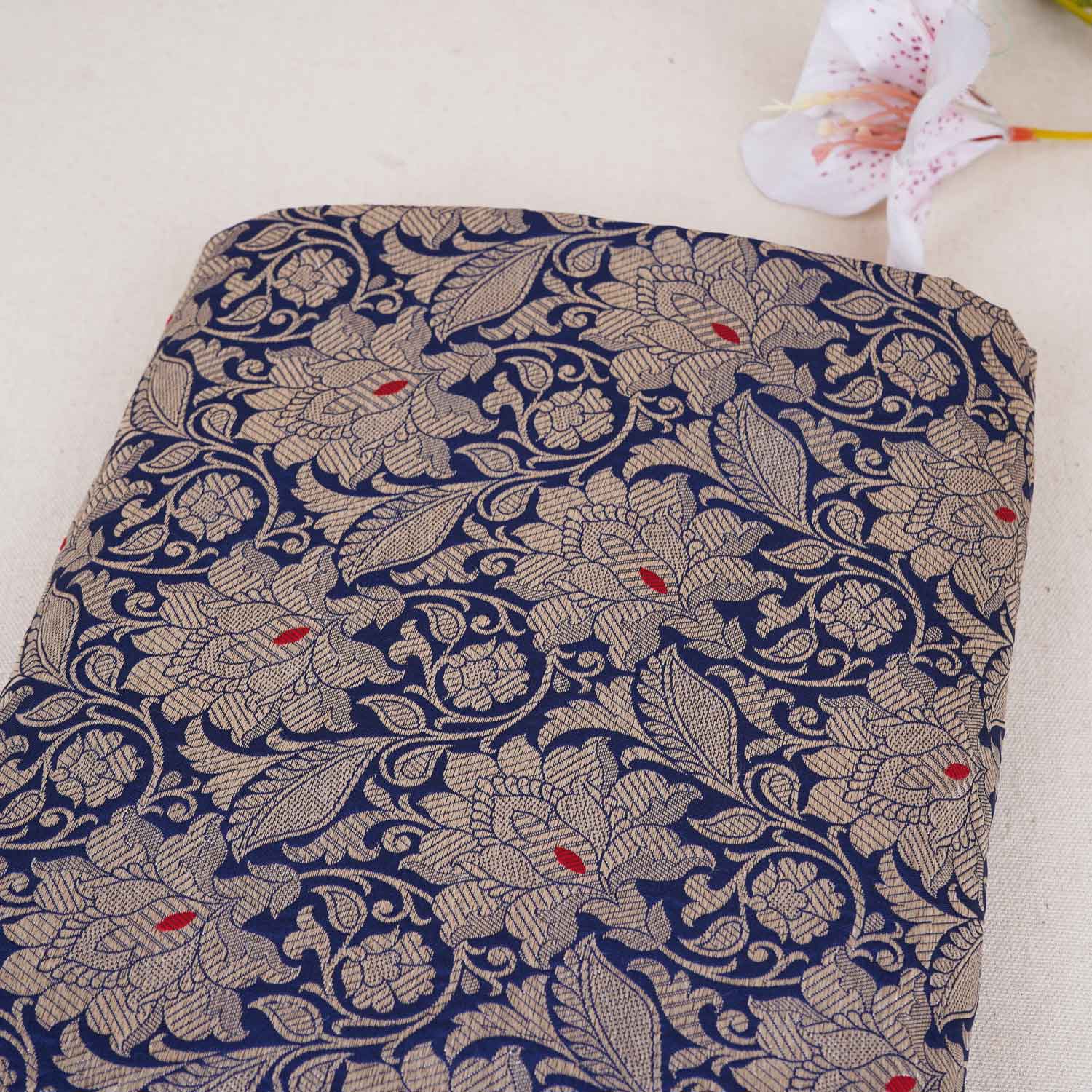 Navy Blue Silver Jaal Brocade Fabric NH-28914 - TradeUNO