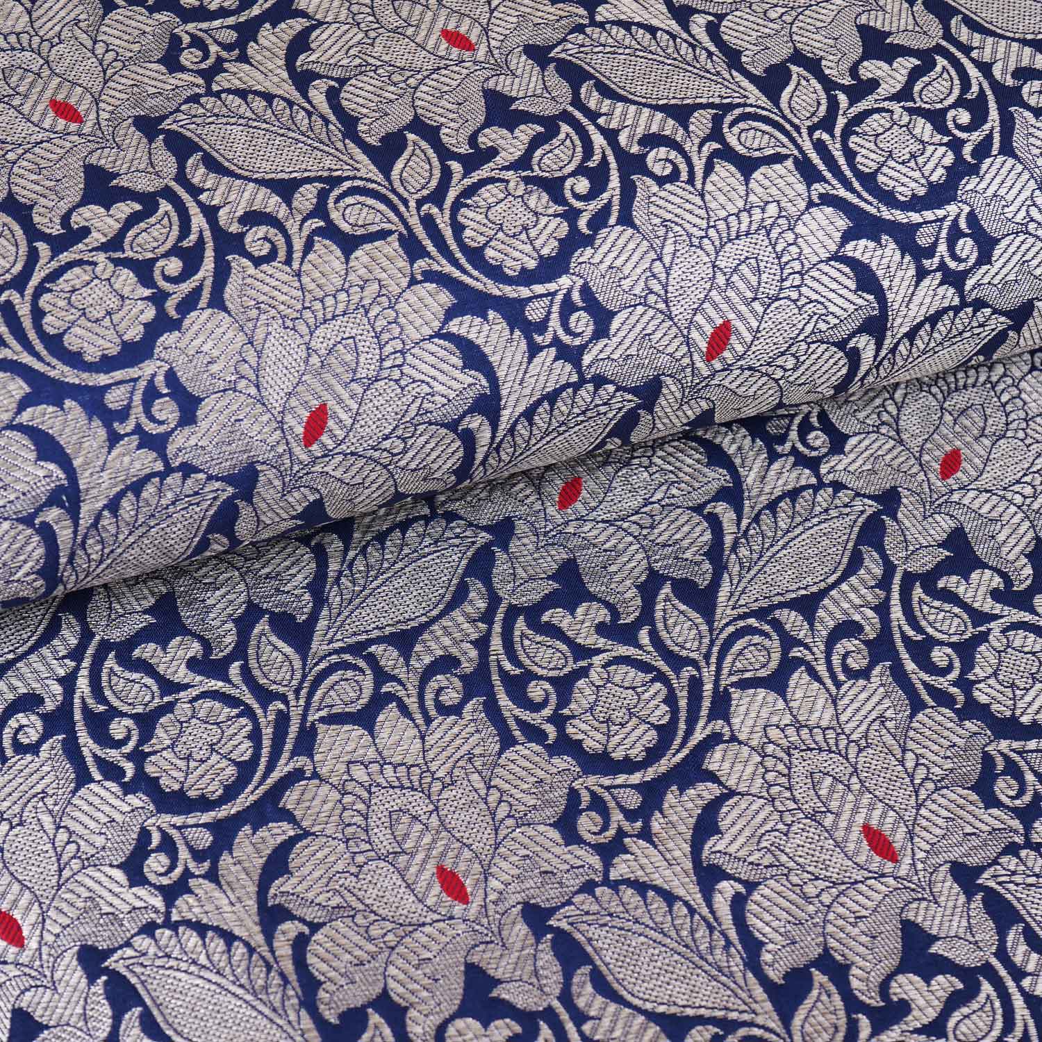 Navy Blue Silver Jaal Brocade Fabric NH-28914 - TradeUNO