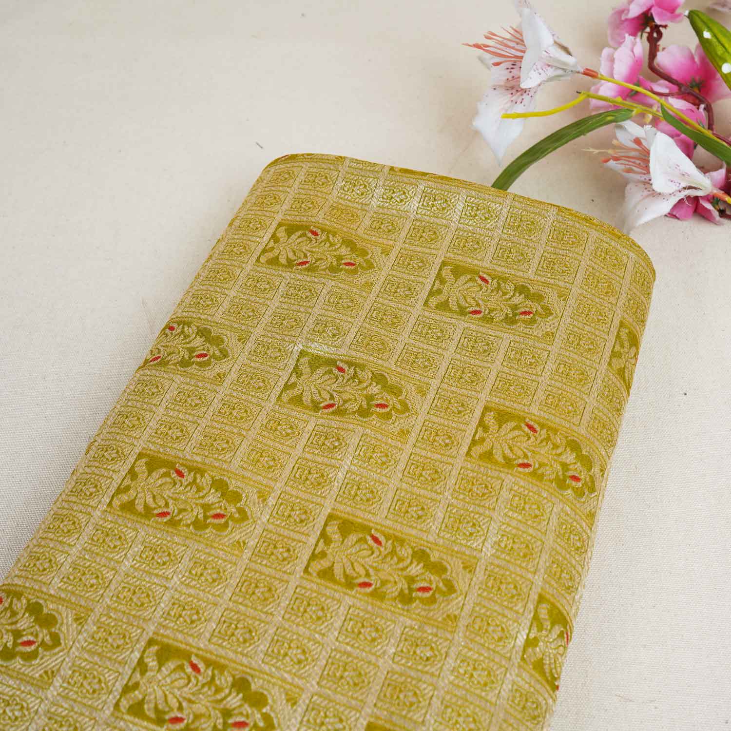 Pista Green Silver Jharokha Brocade Fabric NH-28915 - TradeUNO