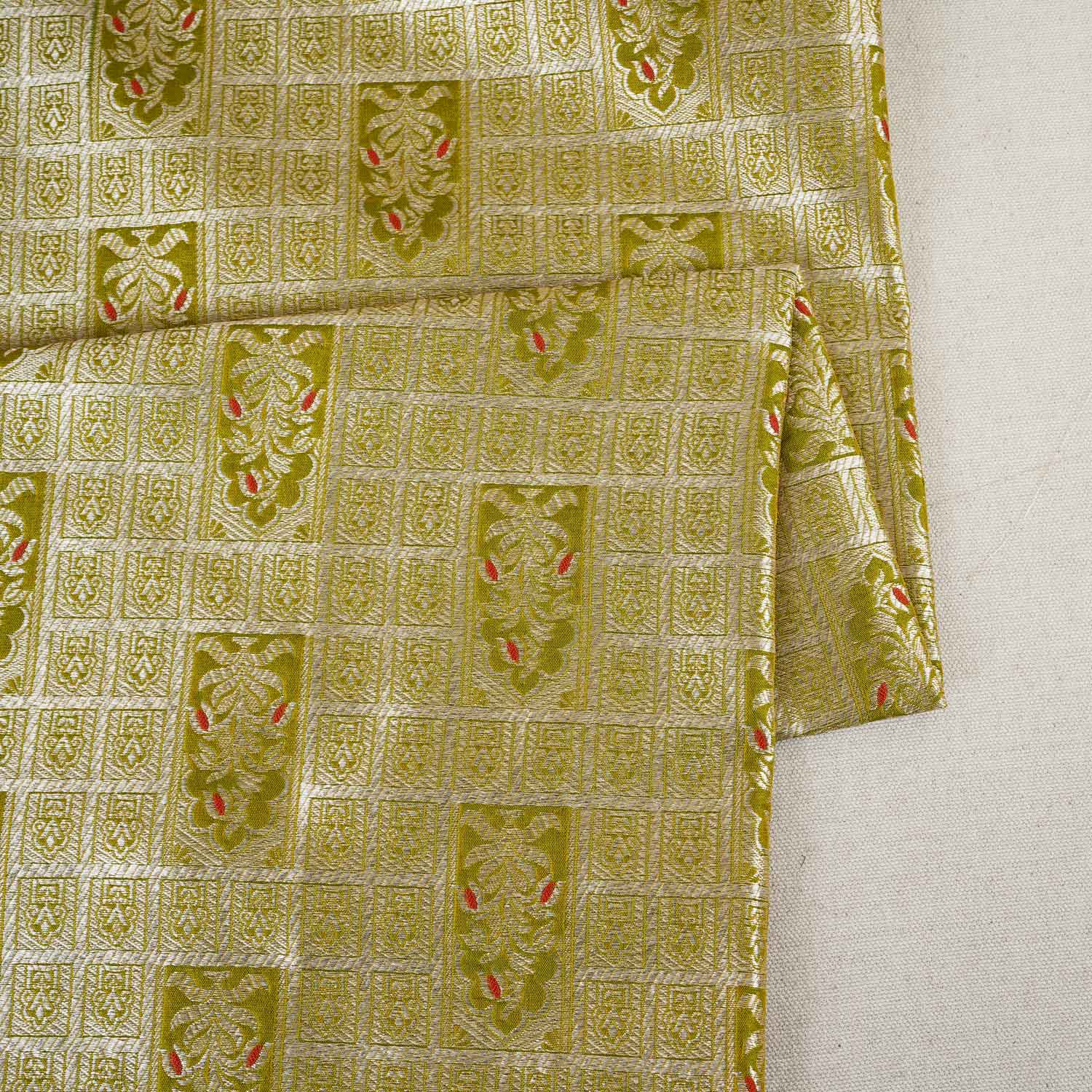 Pista Green Silver Jharokha Brocade Fabric NH-28915 - TradeUNO