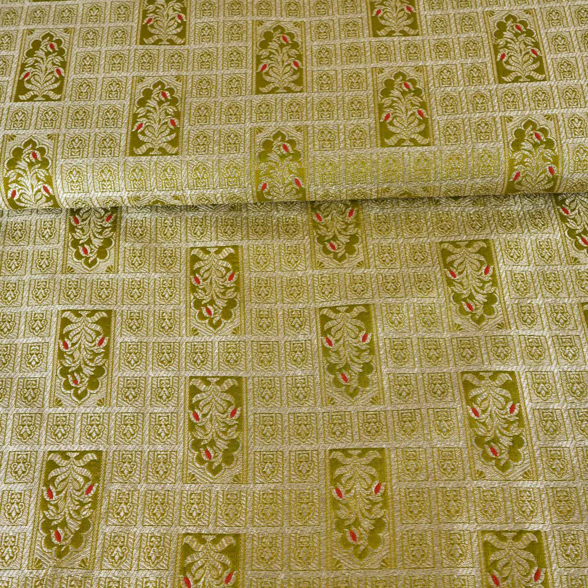 Pista Green Silver Jharokha Brocade Fabric NH-28915 - TradeUNO
