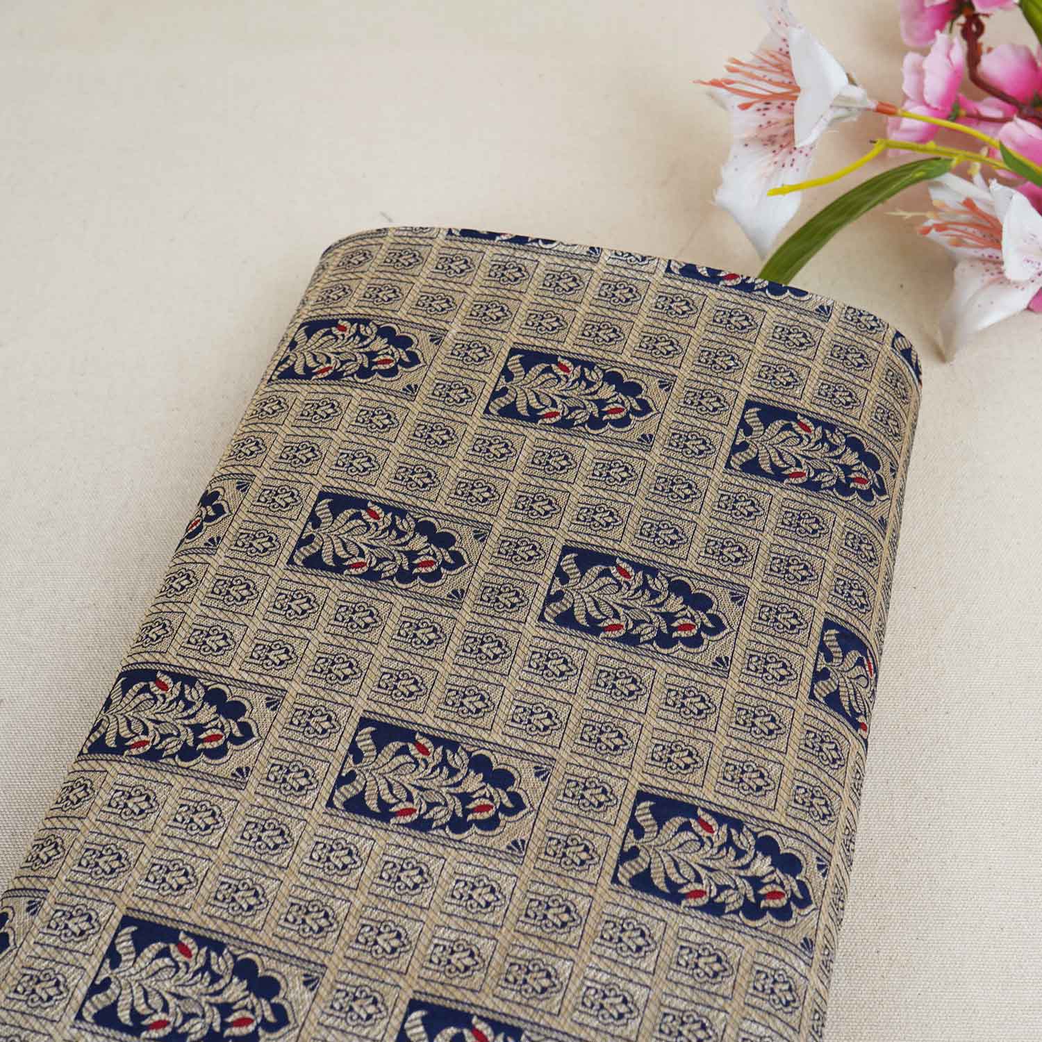 Navy Blue Silver Jharokha Brocade Fabric NH-28916 - TradeUNO