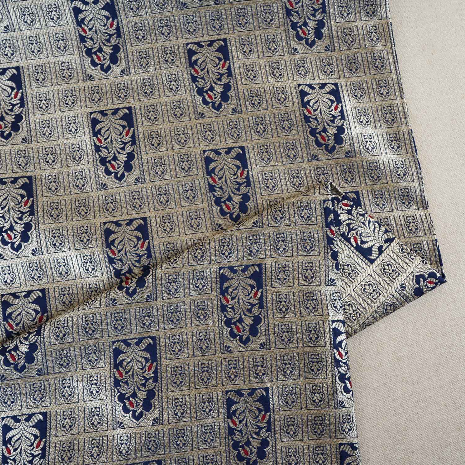 Navy Blue Silver Jharokha Brocade Fabric NH-28916 - TradeUNO