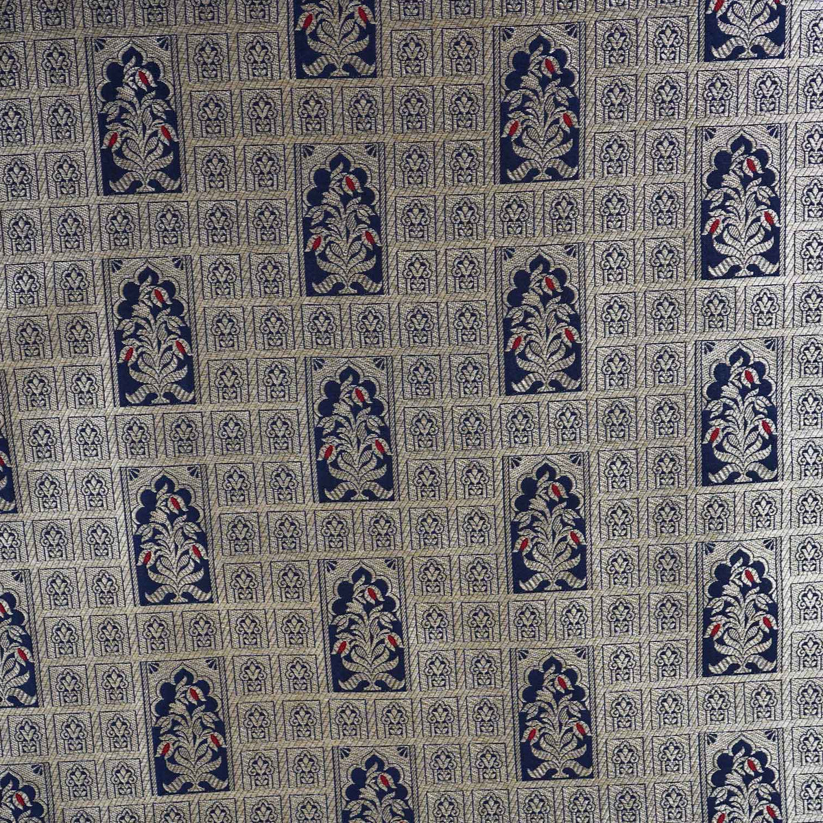 Navy Blue Silver Jharokha Brocade Fabric NH-28916 - TradeUNO