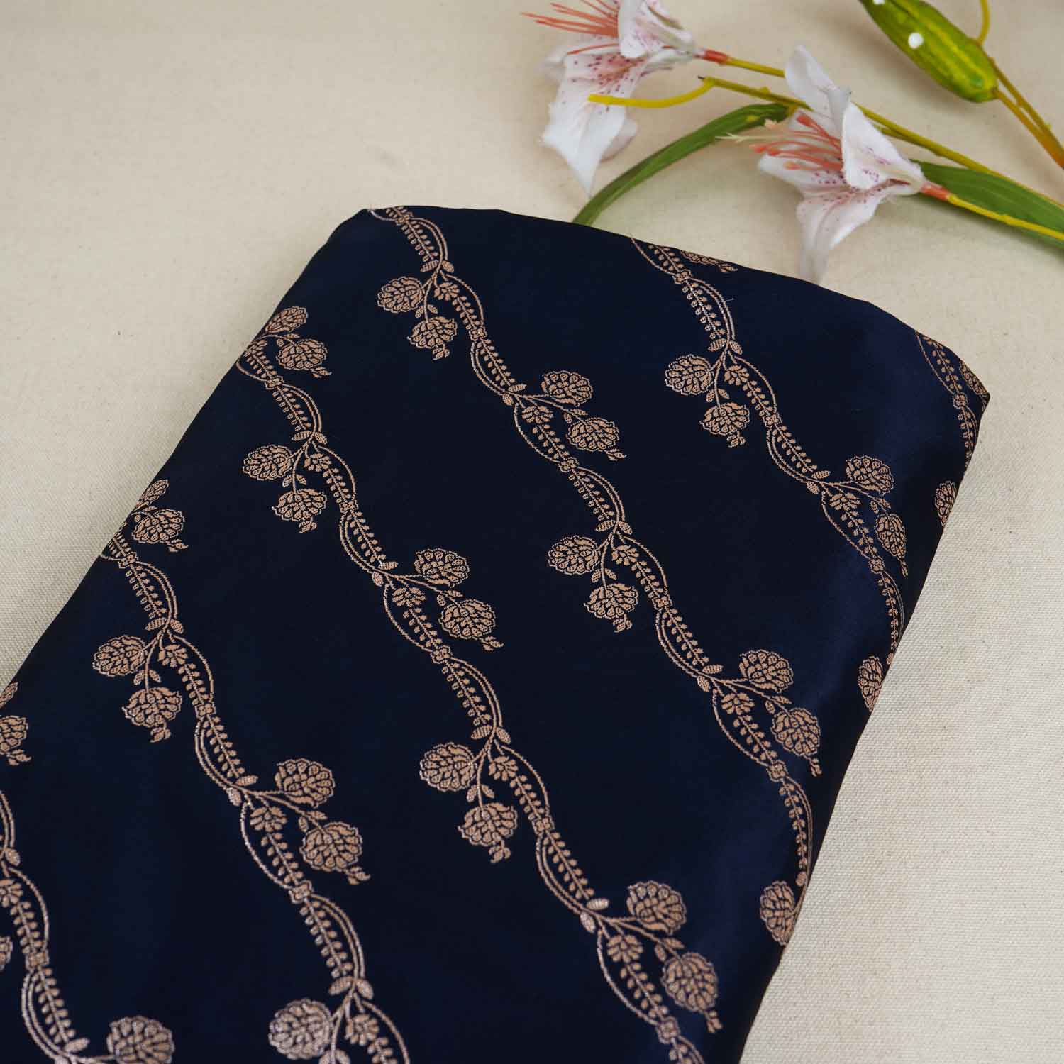 Navy Blue Saffron Floral Brocade Fabric NH-28923 - TradeUNO