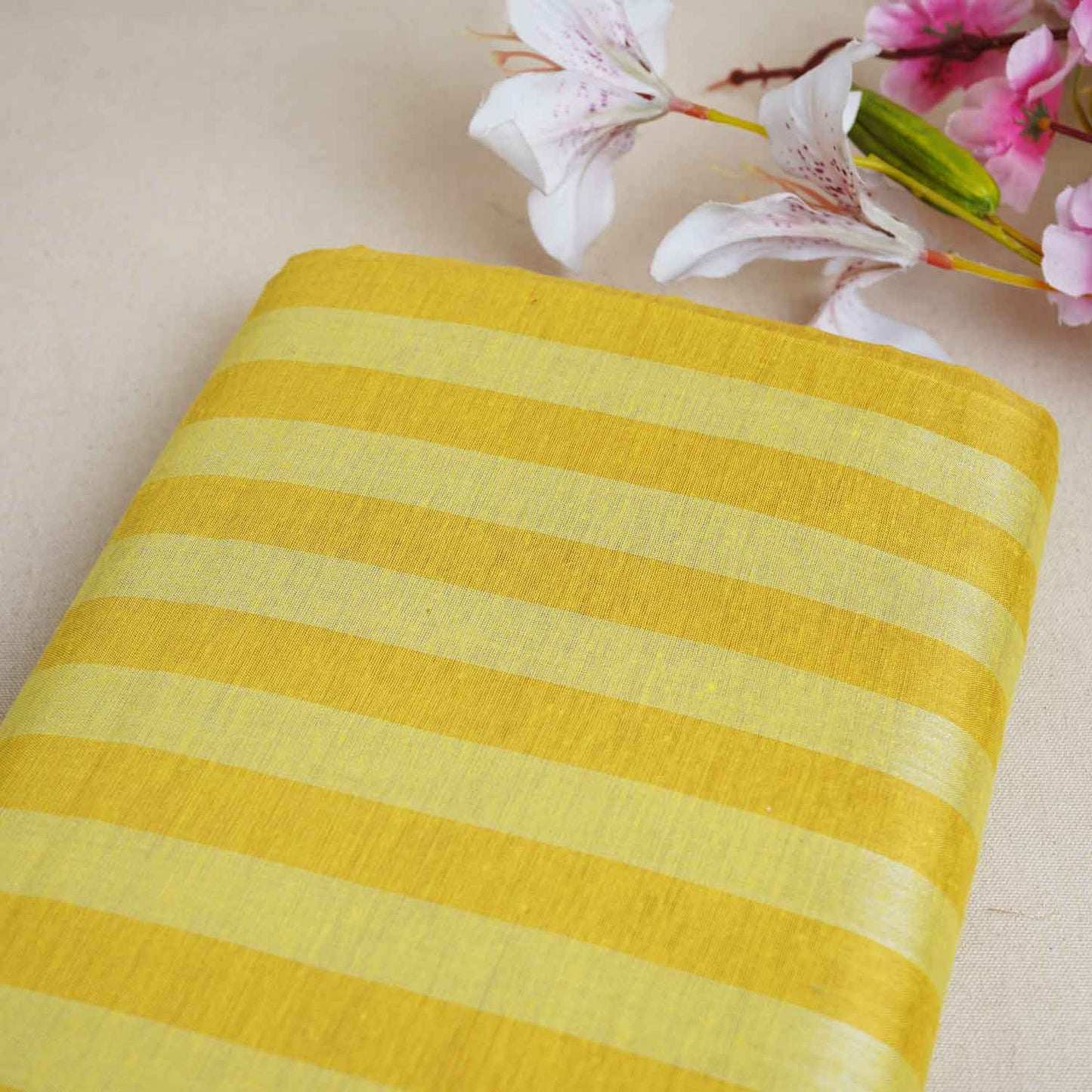 Lemon With Mustard Yellow Strips Chanderi Tissue Fabric CW-28925