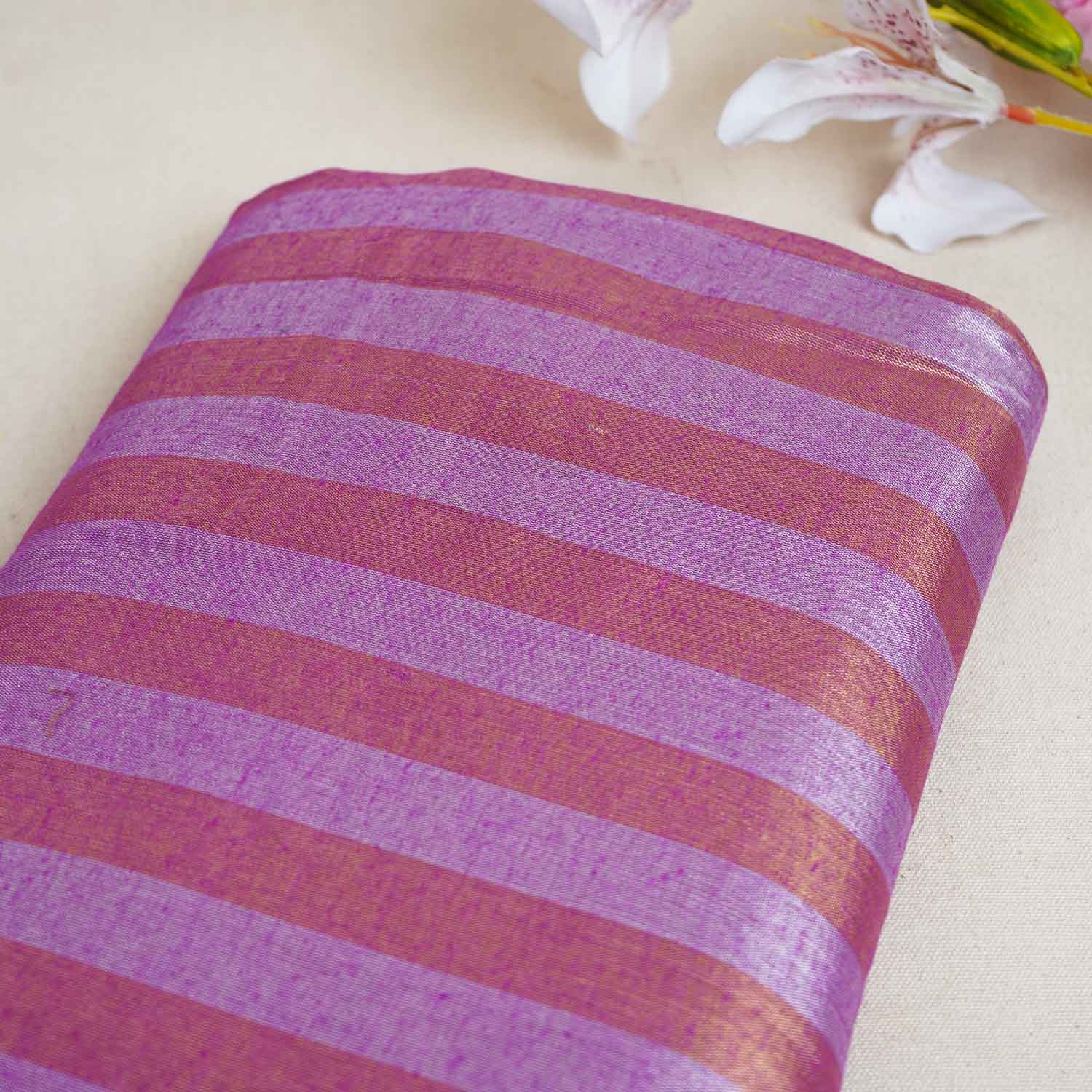 Purple With Orange Strips Chanderi Tissue Fabric CW-28926 - TradeUNO