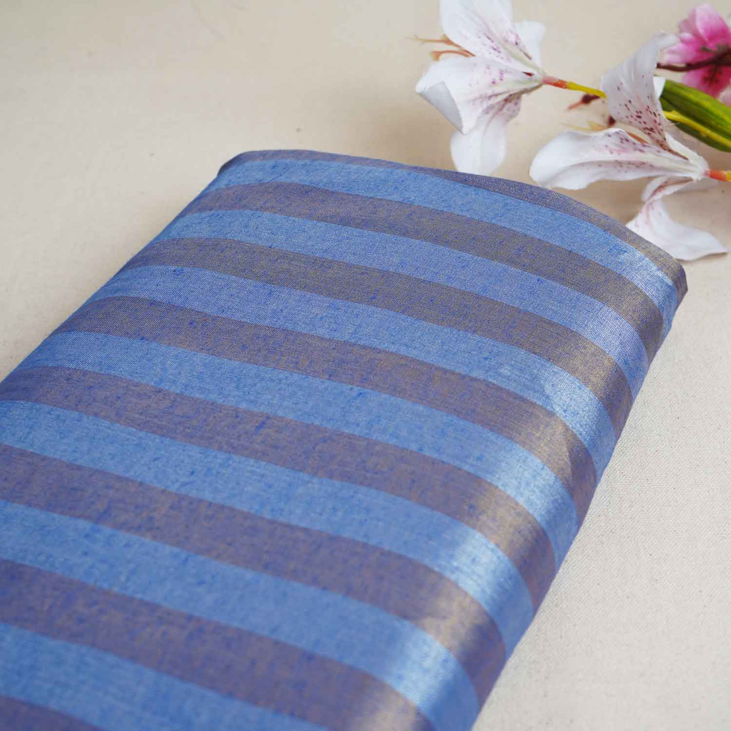 Blue With Dark Golden Strips Chanderi Tissue Fabric CW-28927 - TradeUNO