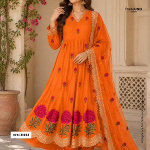 Orange Border embroidery Crepe Fabric VFS-31653 - TradeUNO