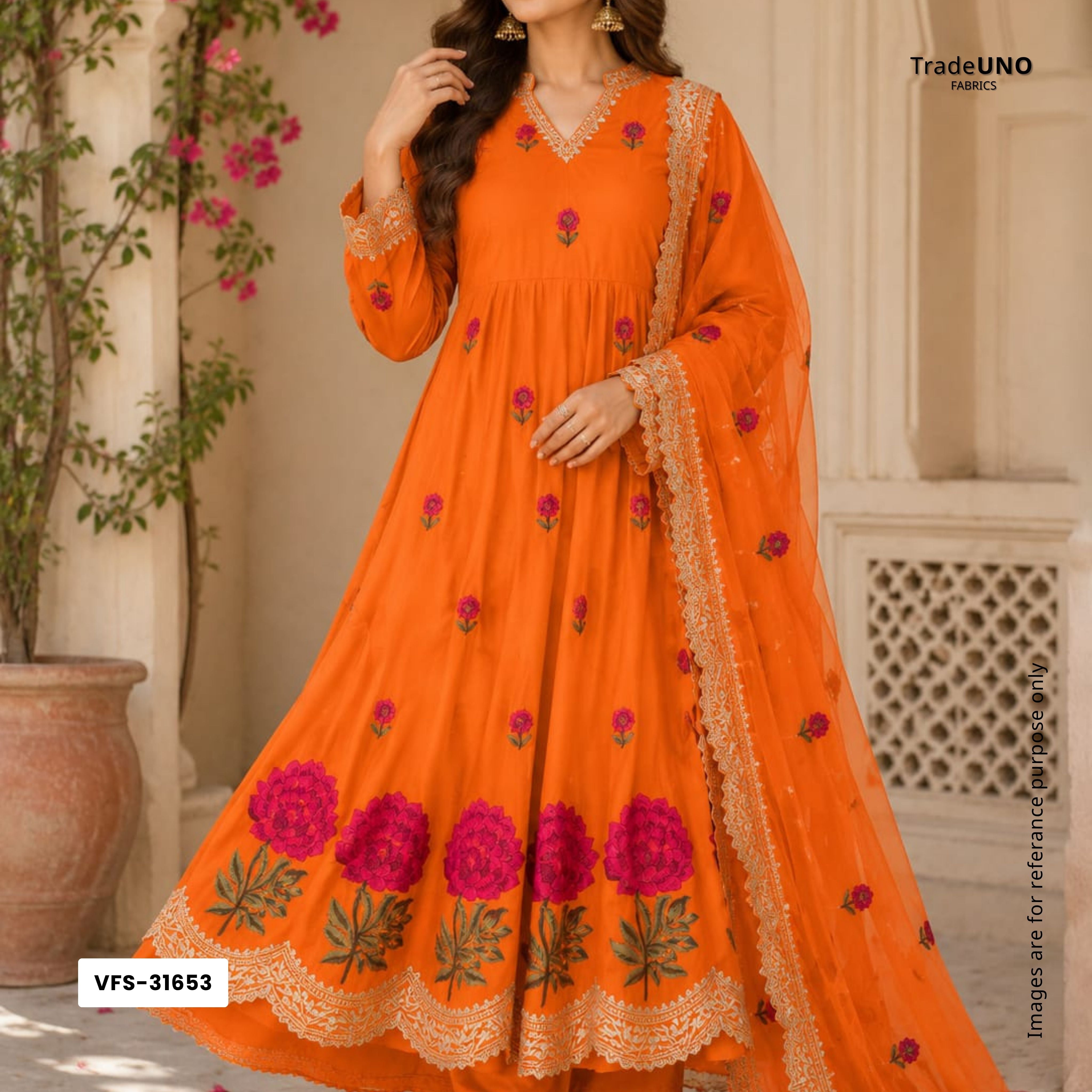 Orange Border embroidery Crepe Fabric VFS-31653 - TradeUNO