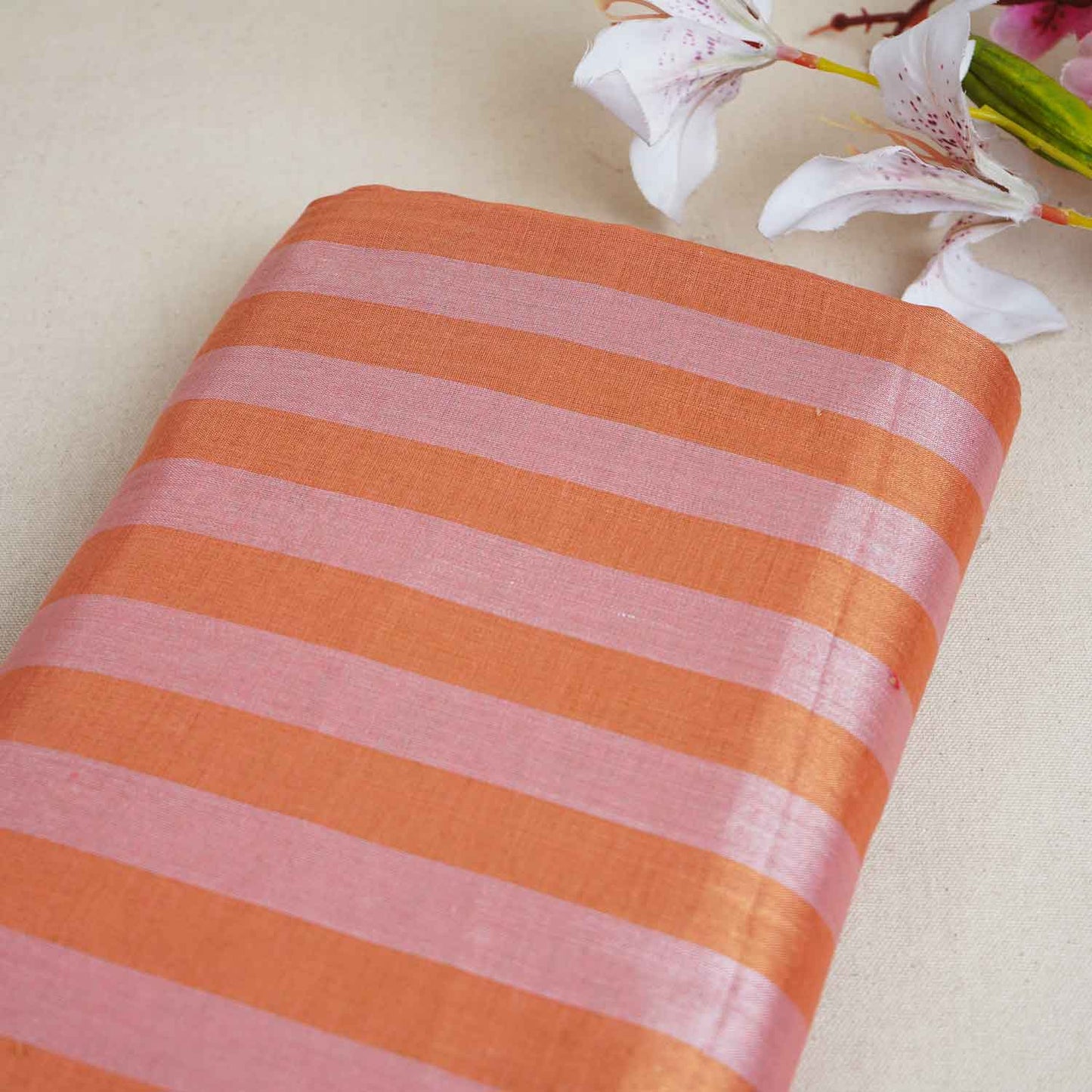Peach Pink With Light Orange Strips Chanderi Tissue Fabric CW-28930
