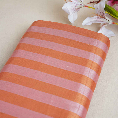 Peach Pink With Light Orange Strips Chanderi Tissue Fabric CW-28930