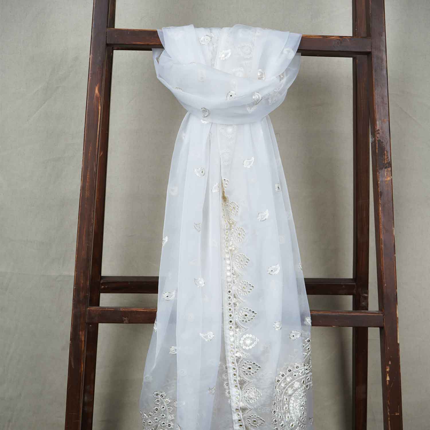 White Paisley Buti Embroidery Dyeable Organza Dupatta TA-28931 - TradeUNO