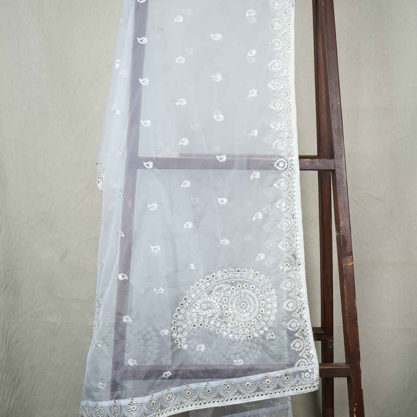 White Paisley Buti Embroidery Dyeable Organza Dupatta TA-28931