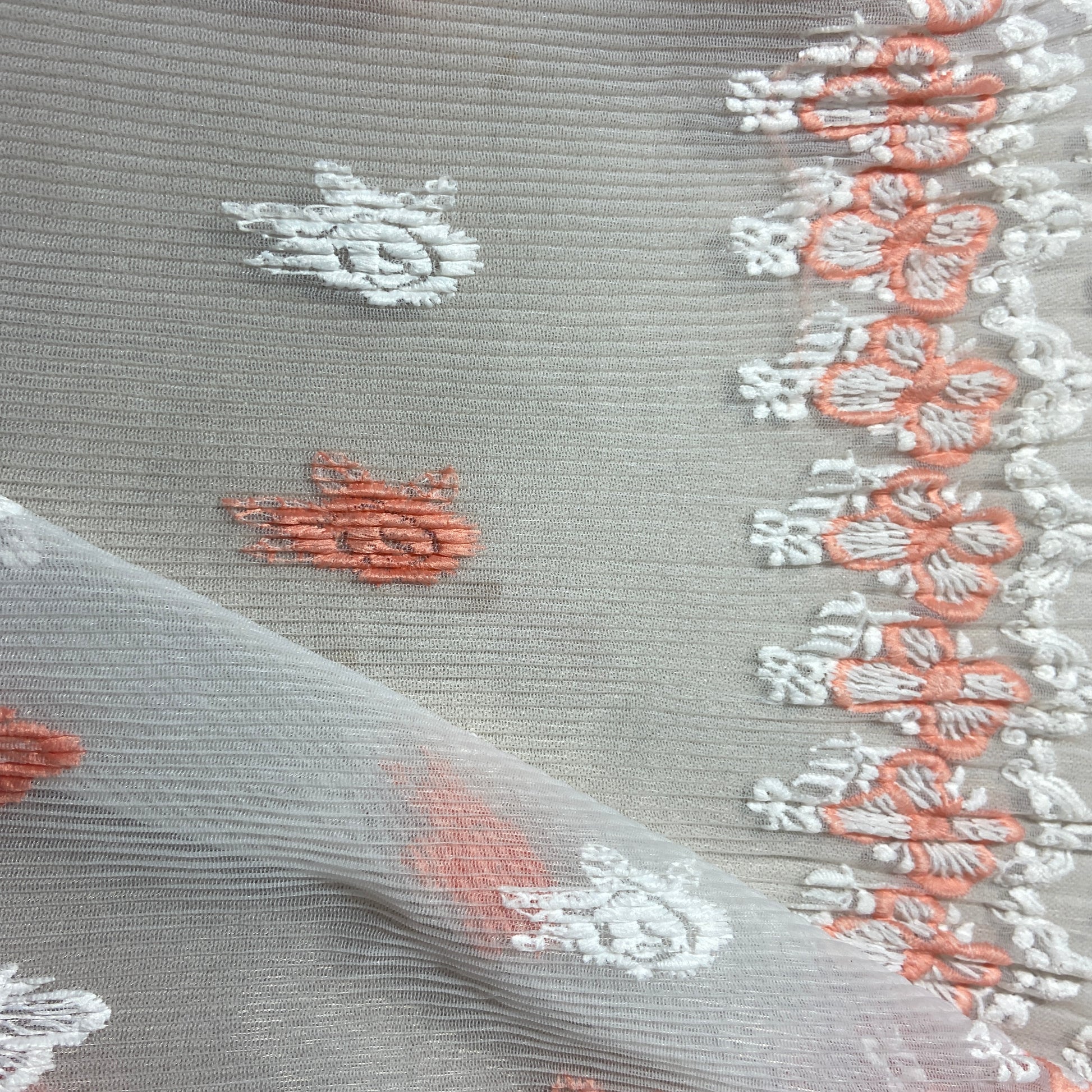 
Peach Pink Floral Pleated Thread Embroidery Net Organza
