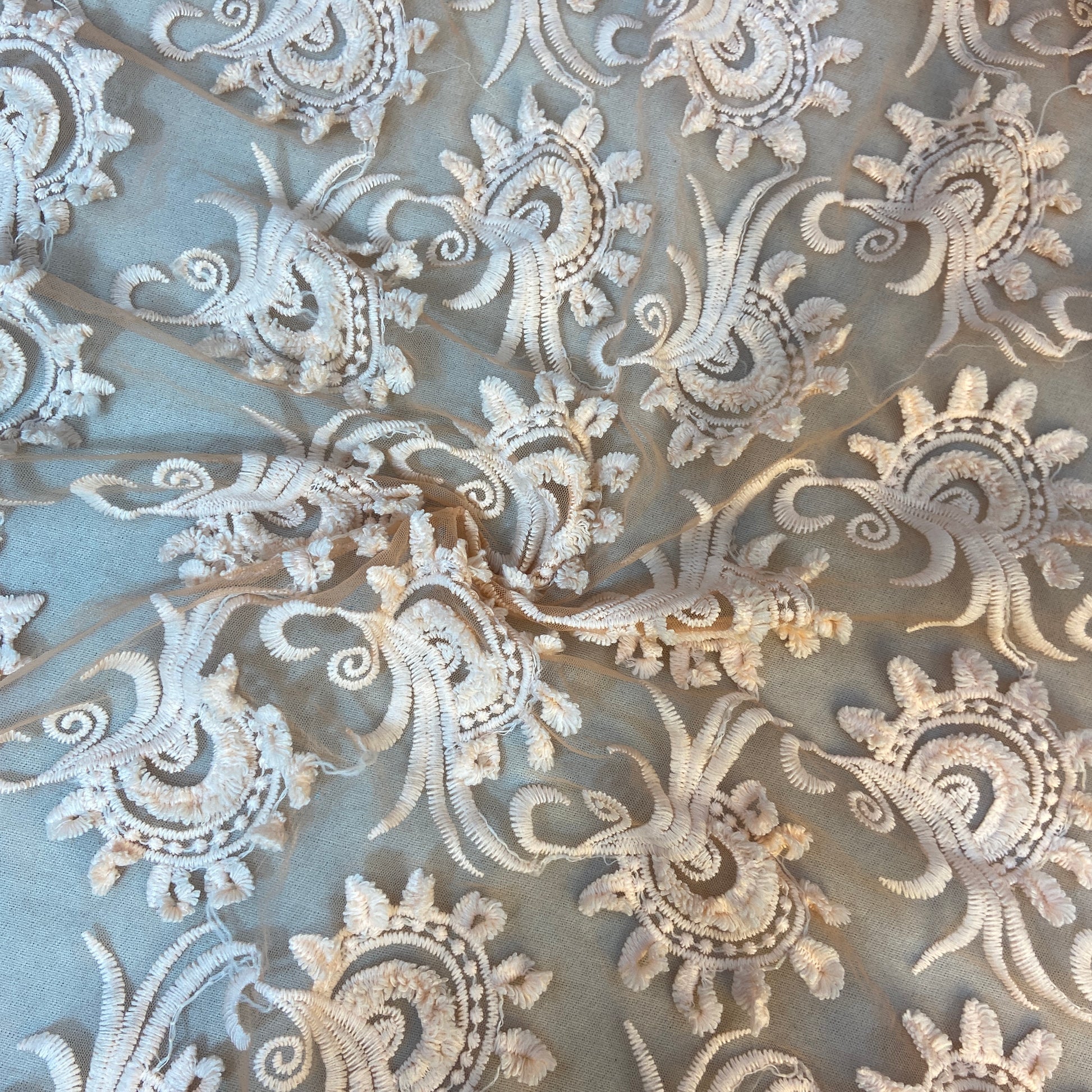 Peach Pink 3D Floral Thread Embroidery Net Fabric