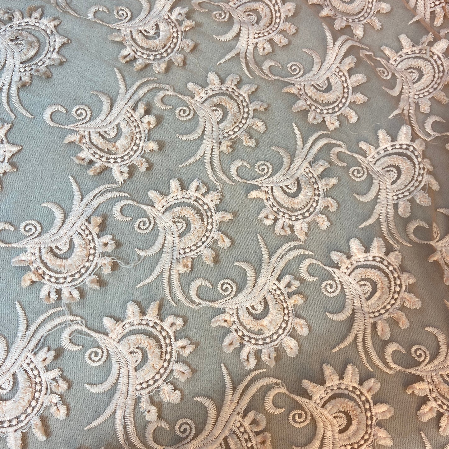Peach Pink 3D Floral Thread Embroidery Net Fabric