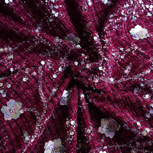Maroon Floral Embroidery Tweed Fabric PDM-28940 - TradeUNO