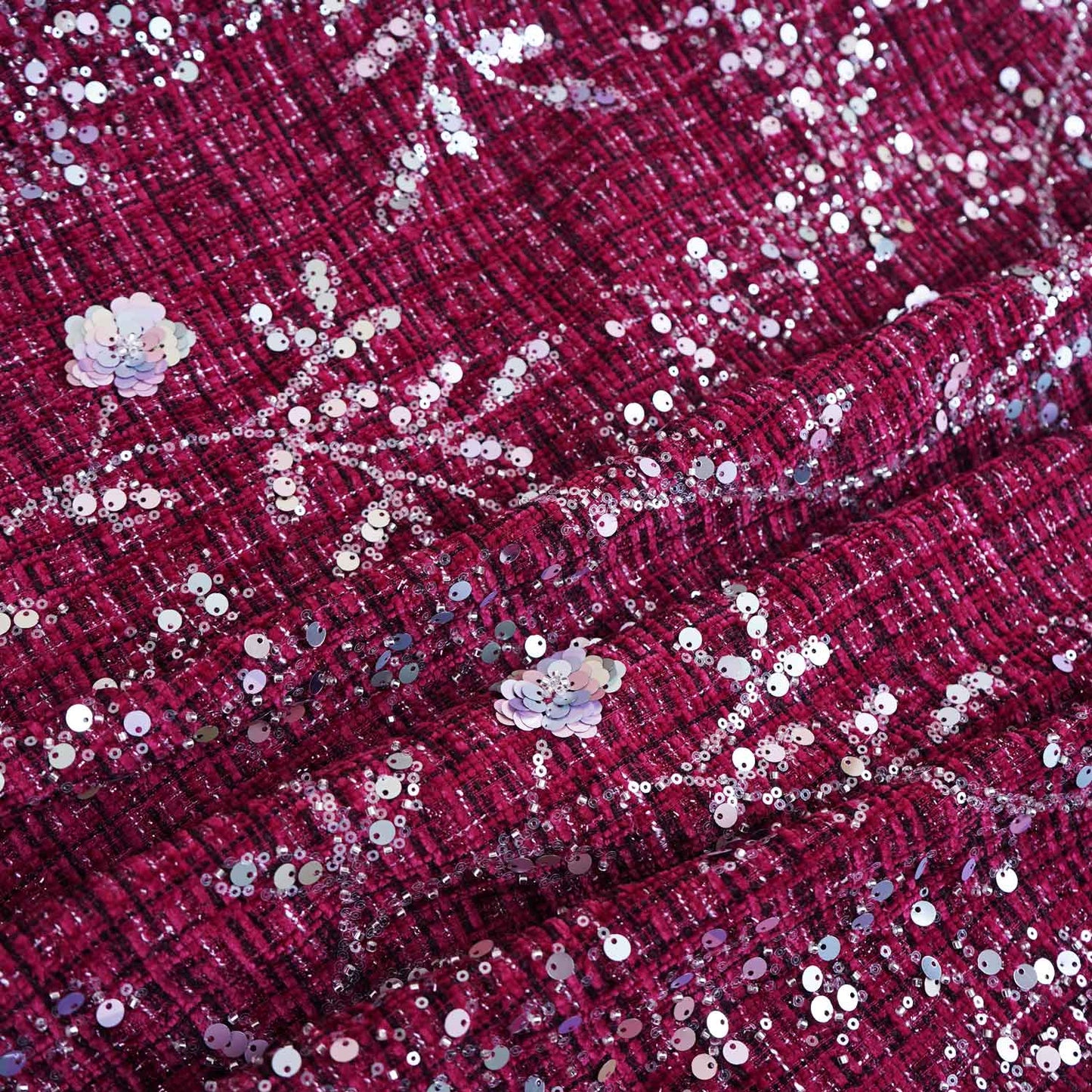 Maroon Floral Embroidery Tweed Fabric PDM-28940