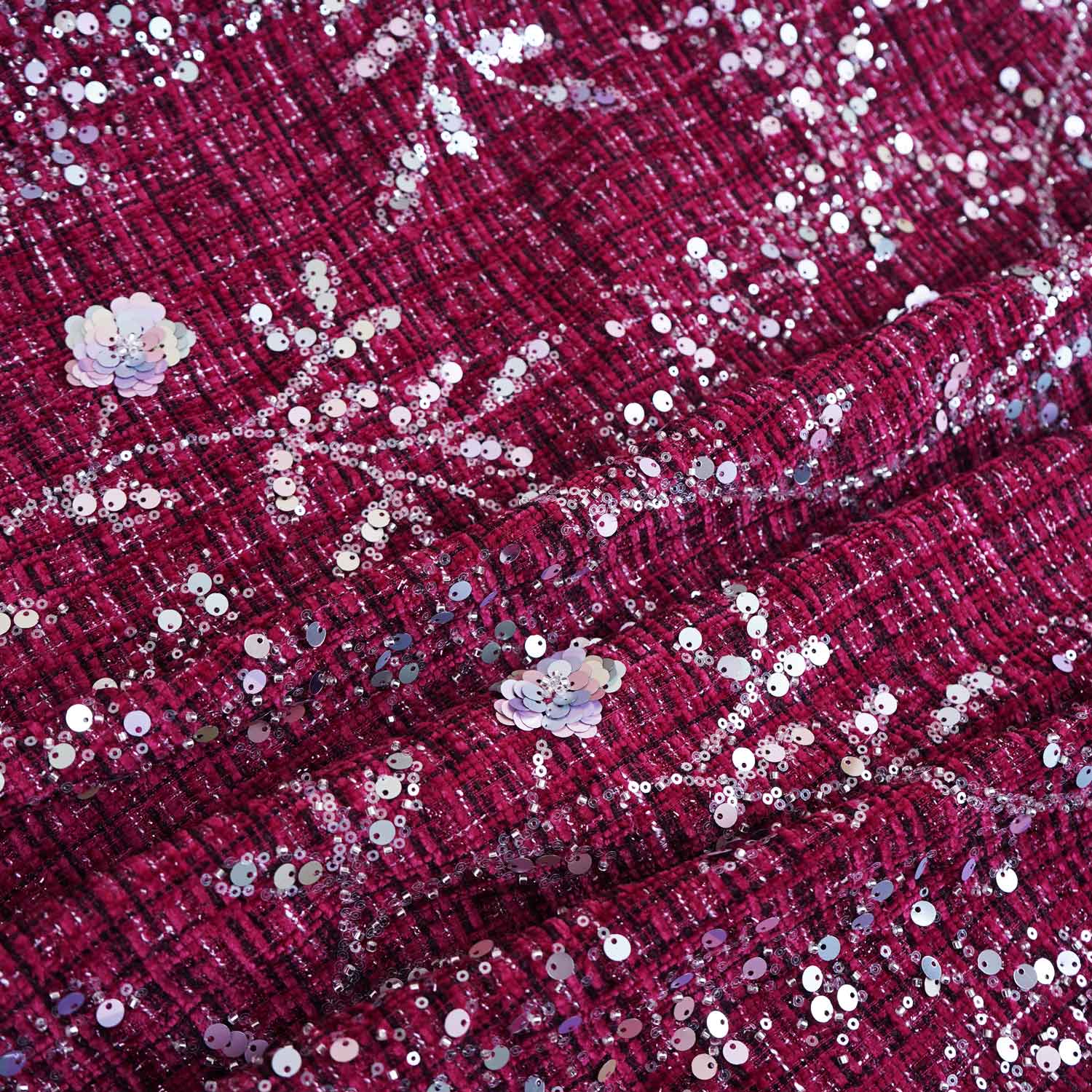 Maroon Floral Embroidery Tweed Fabric PDM-28940 - TradeUNO