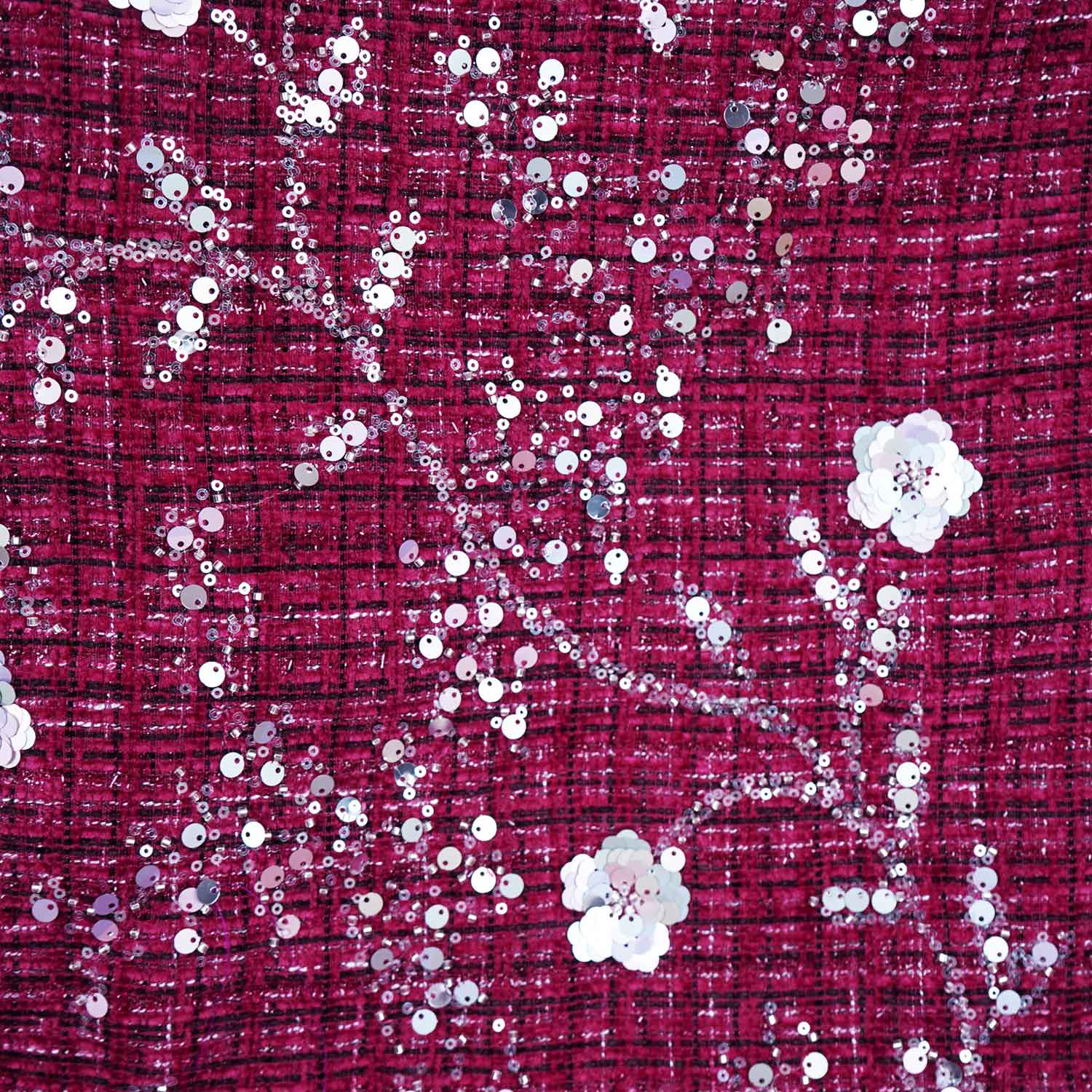 Maroon Floral Embroidery Tweed Fabric PDM-28940 - TradeUNO