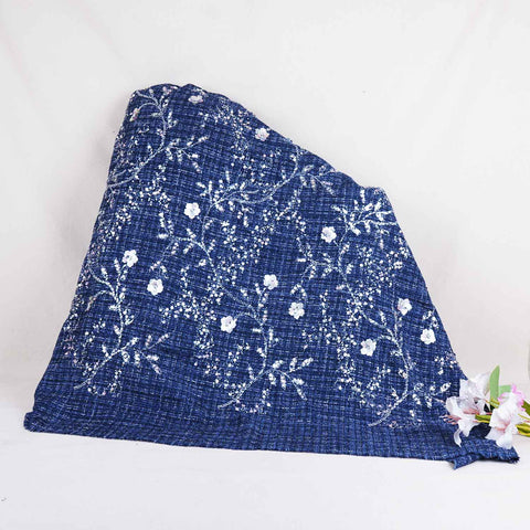Blue Floral Embroidery Tweed Fabric PDM-28941