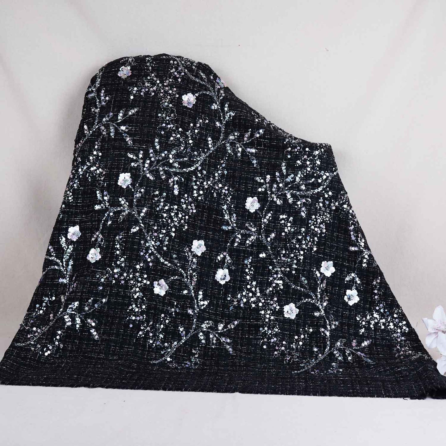 Black Floral Embroidery Tweed Fabric PDM-28942