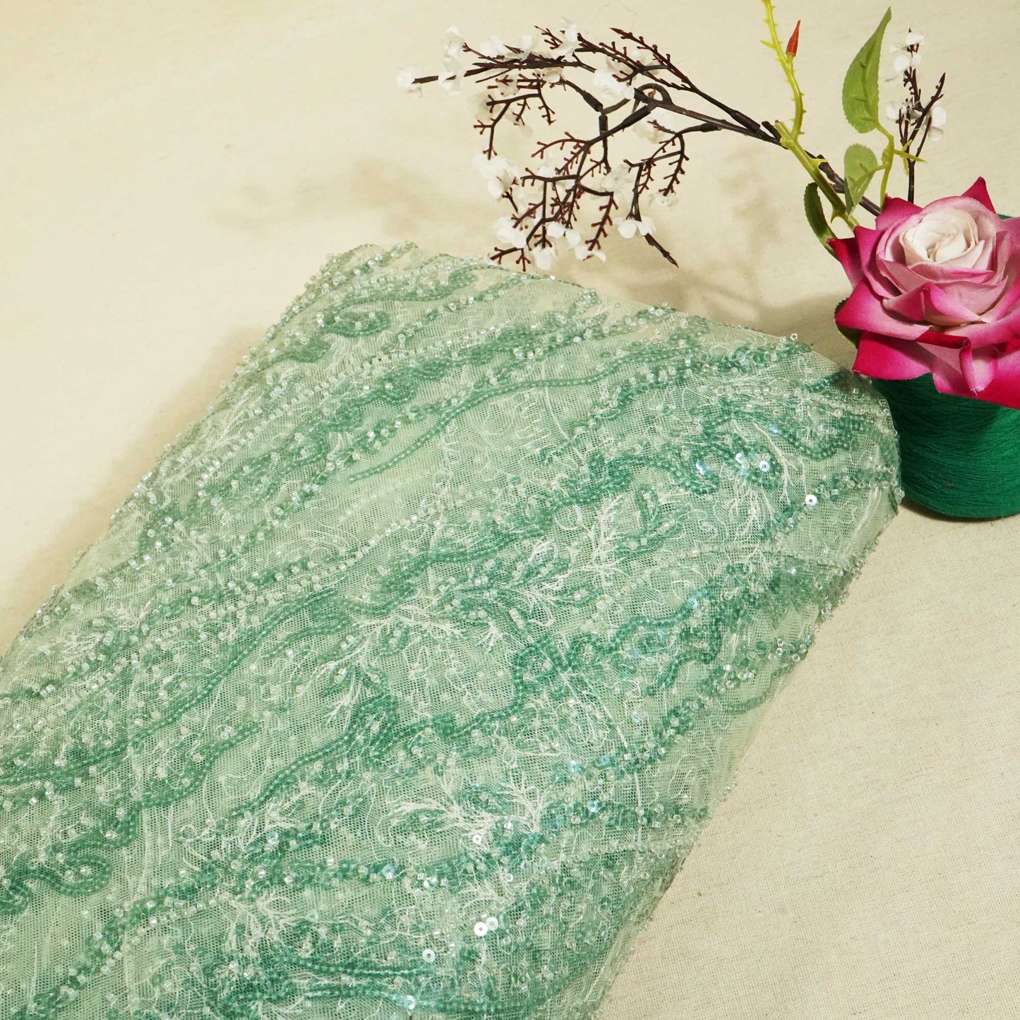 Green Floral Handwork Beads Sequence Embroidery Net AFC-9420