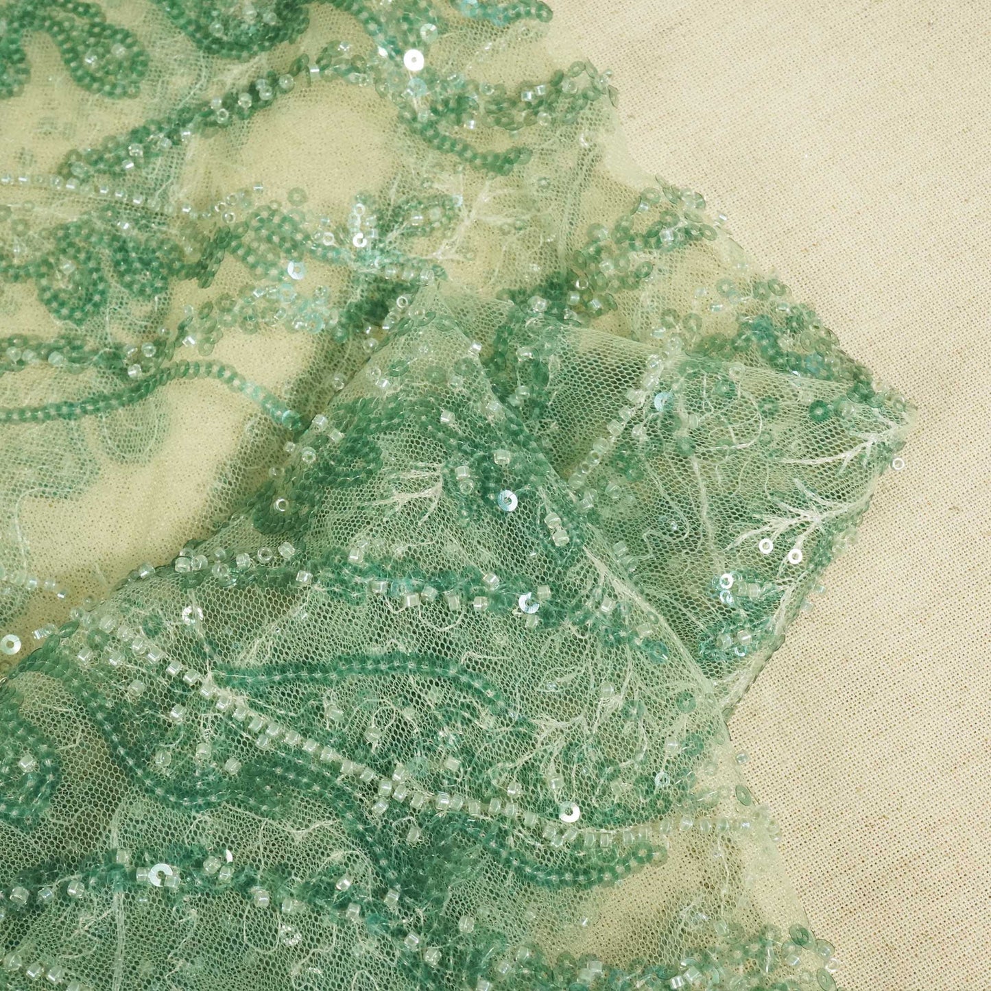 Green Floral Handwork Beads Sequence Embroidery Net AFC-9420