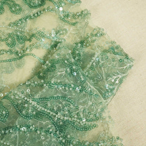 Green Floral Handwork Beads Sequence Embroidery Net AFC-9420