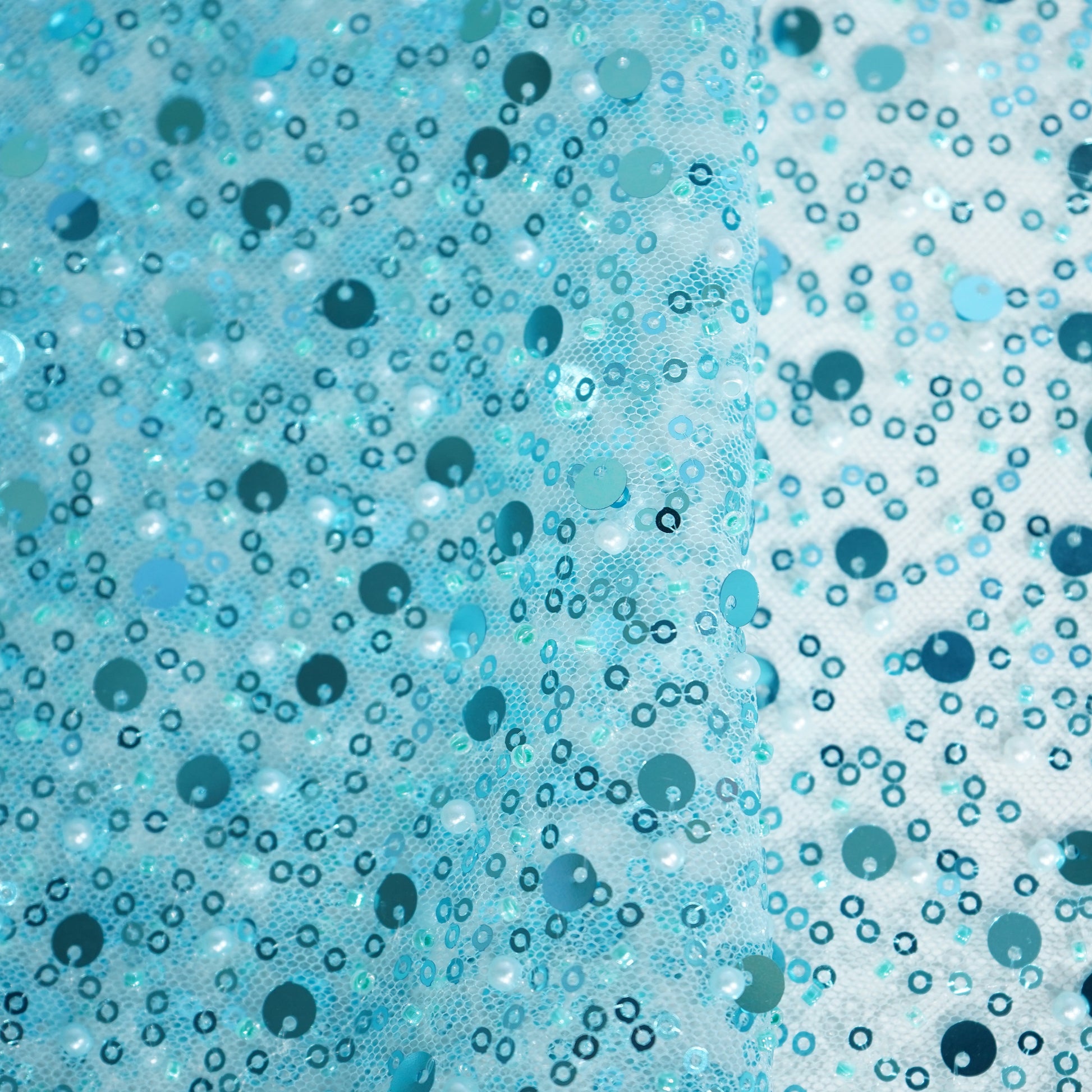 Sky Blue Imported Pearl & Sequence Embroidery Net Fabric