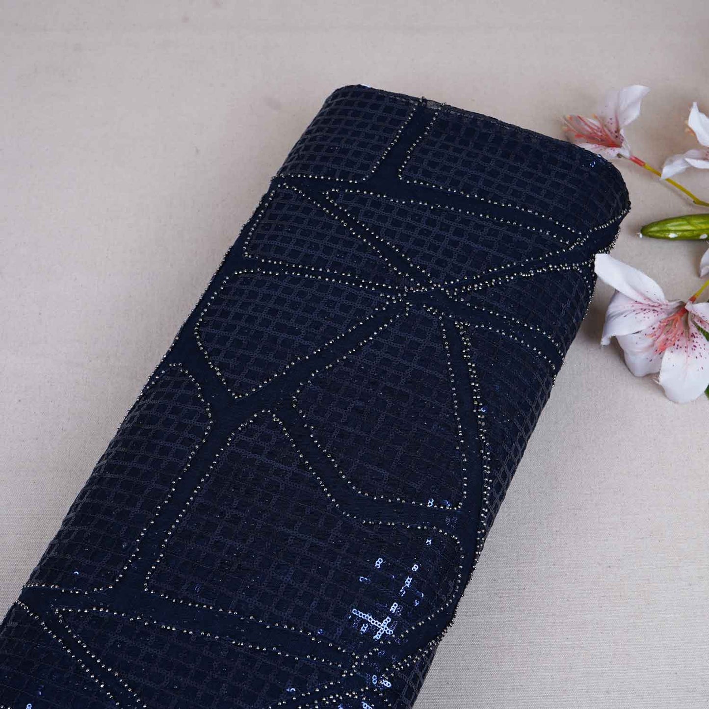 Navy Blue Sequin Embroidery Net Fabric PDM-28943