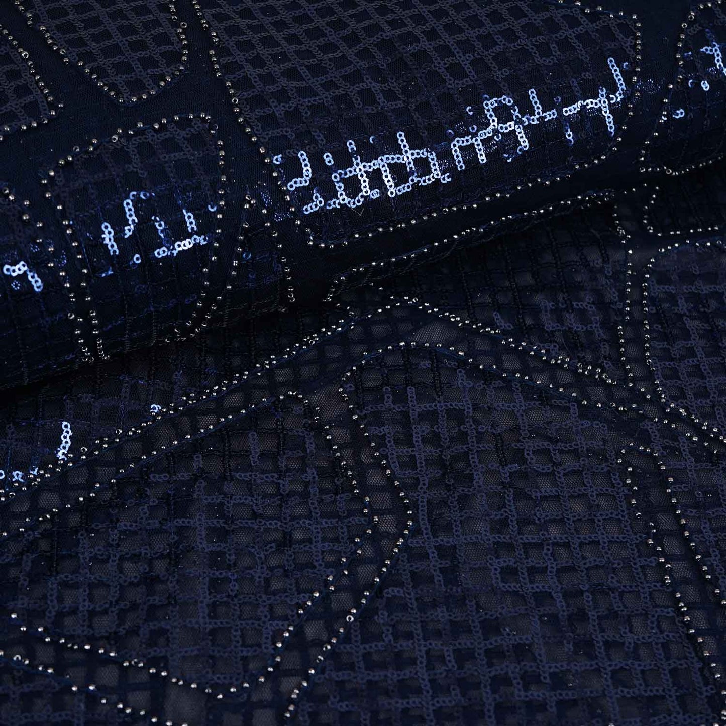 Navy Blue Sequin Embroidery Net Fabric PDM-28943
