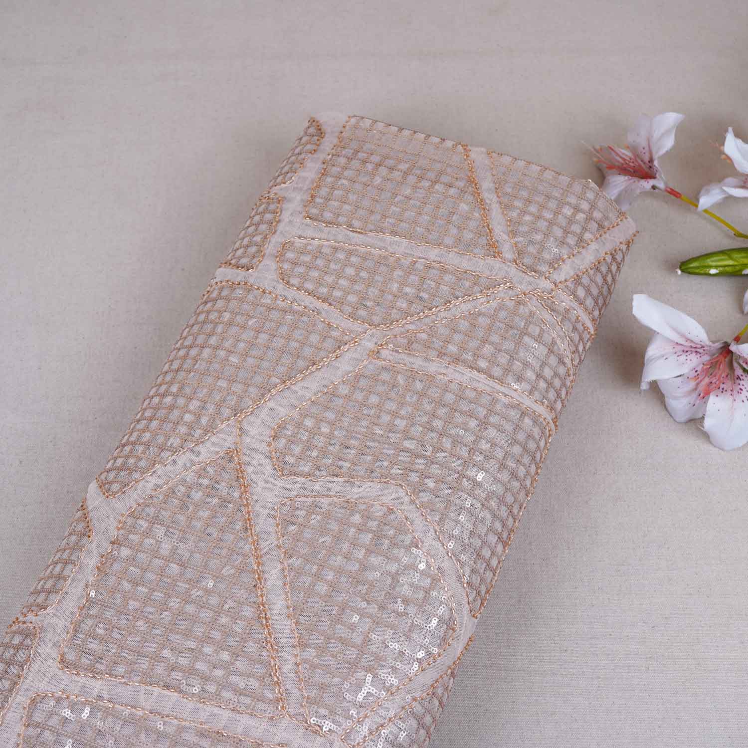 Peach Sequin Embroidery Net Fabric PDM-28945 - TradeUNO