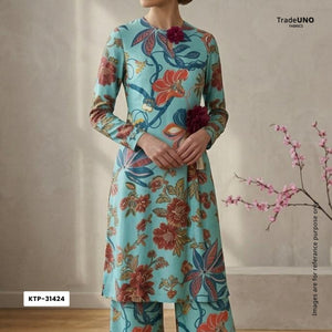 Ice Blue floral print Bemberg Modal Silk Fabric KTP-31424 - TradeUNO