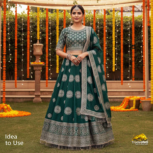 Forest Green Floral With Gold Foil Dupion Silk Fabric- 9561 - TradeUNO