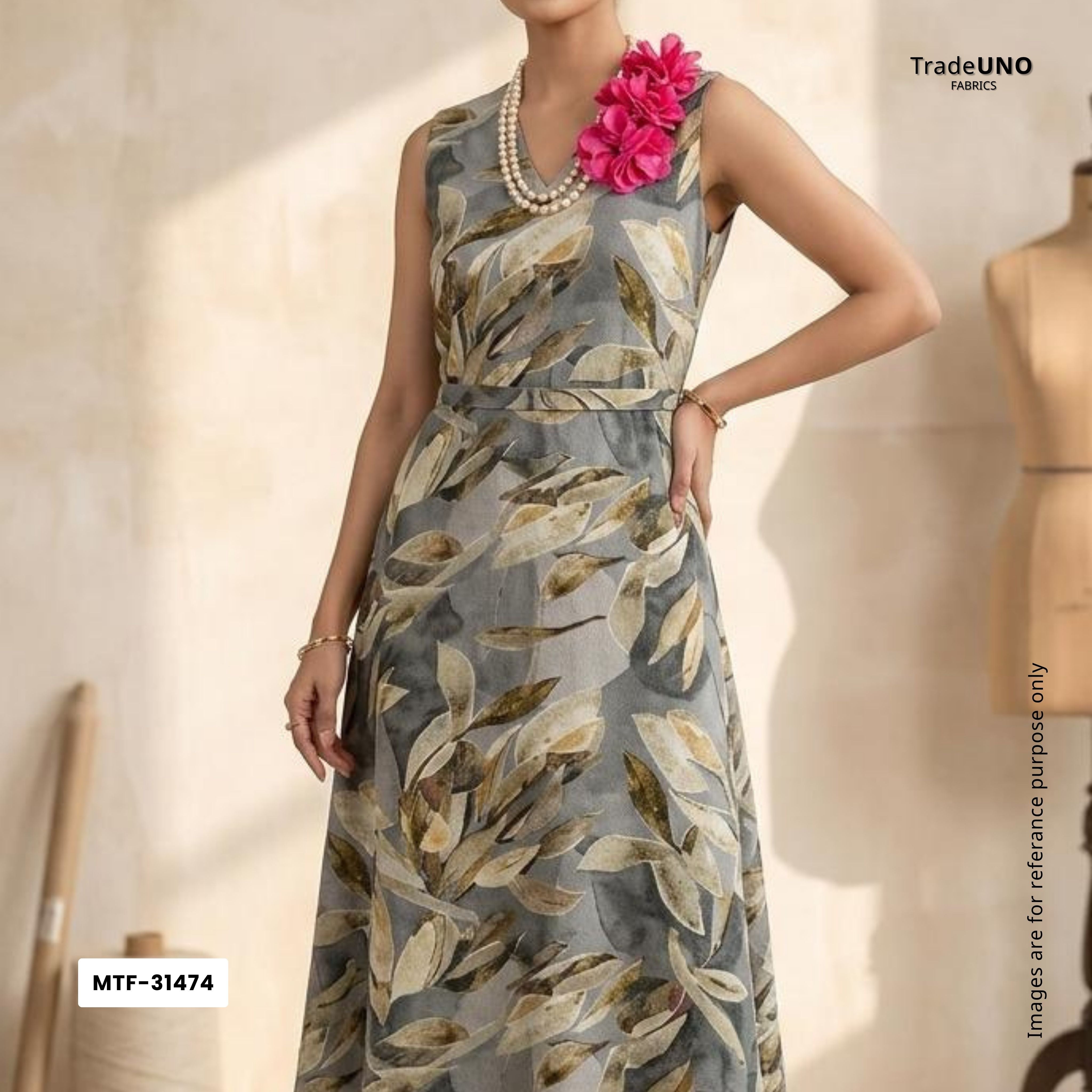 Smoke Grey Tropical floral Jacquard print Pure Crepe Fabric MTF-31474 - TradeUNO