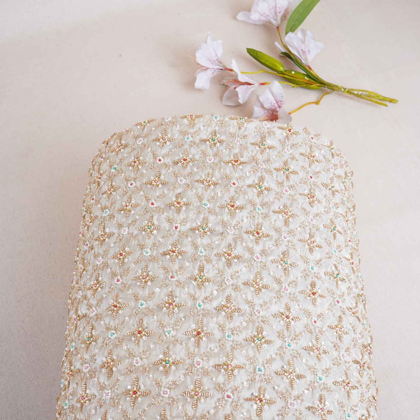 Beige Pearl & Zari Dyeable Tissue Fabric WI-28961