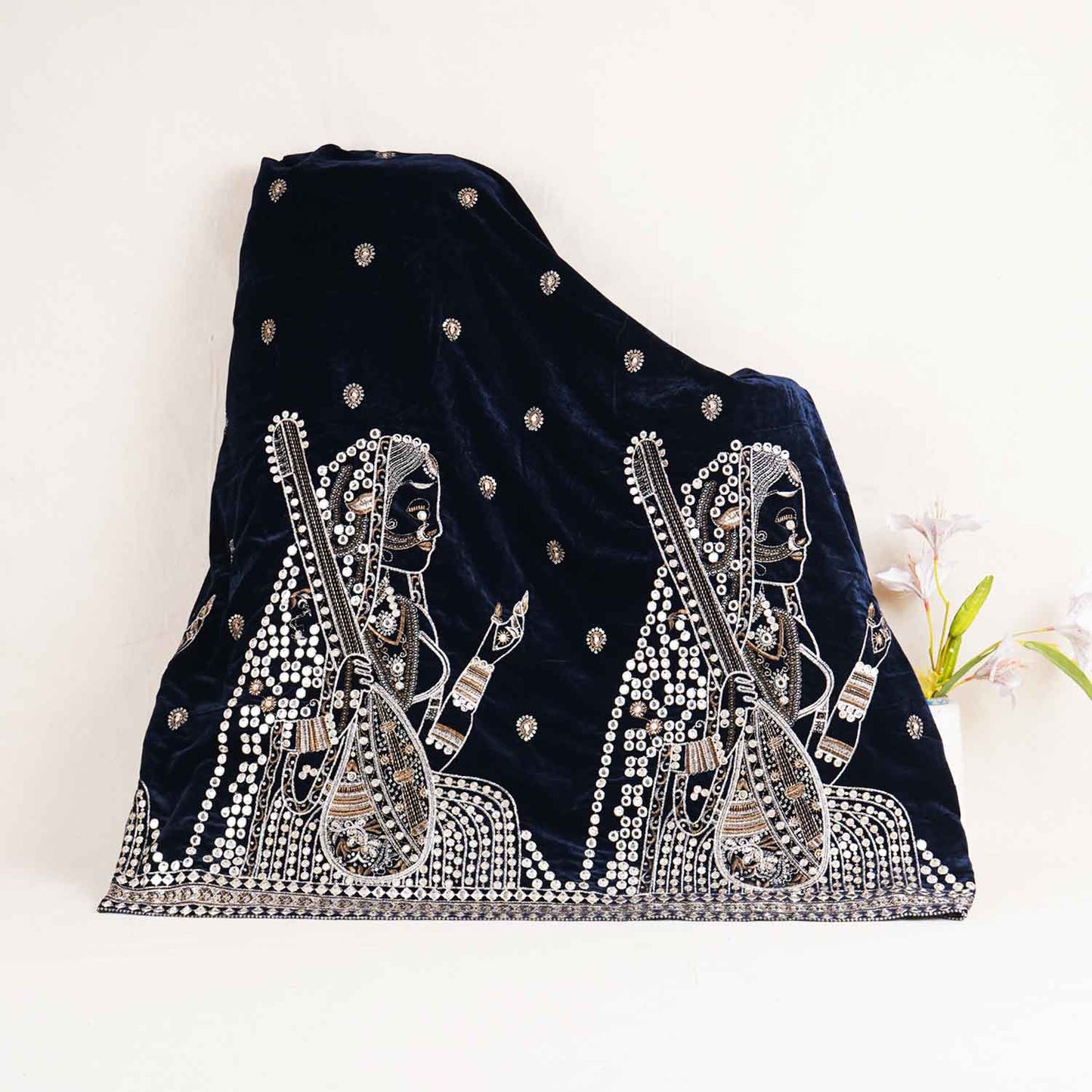 Teal Blue Embroidery Velvet Fabric JD-28970