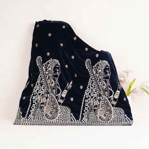 Teal Blue Embroidery Velvet Fabric JD-28970