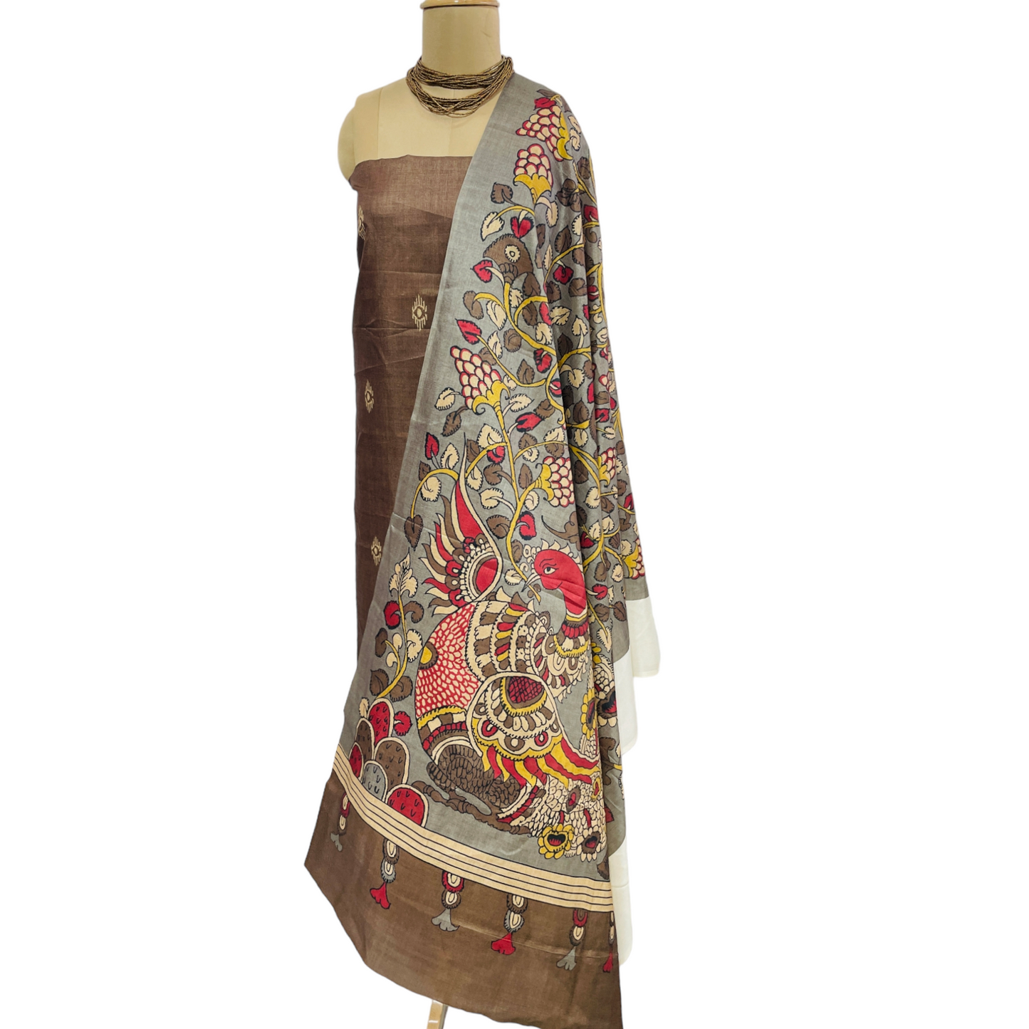 Grey & Multicolor Floral Print Ghicha Silk Suit Set KC-9715 - TradeUNO