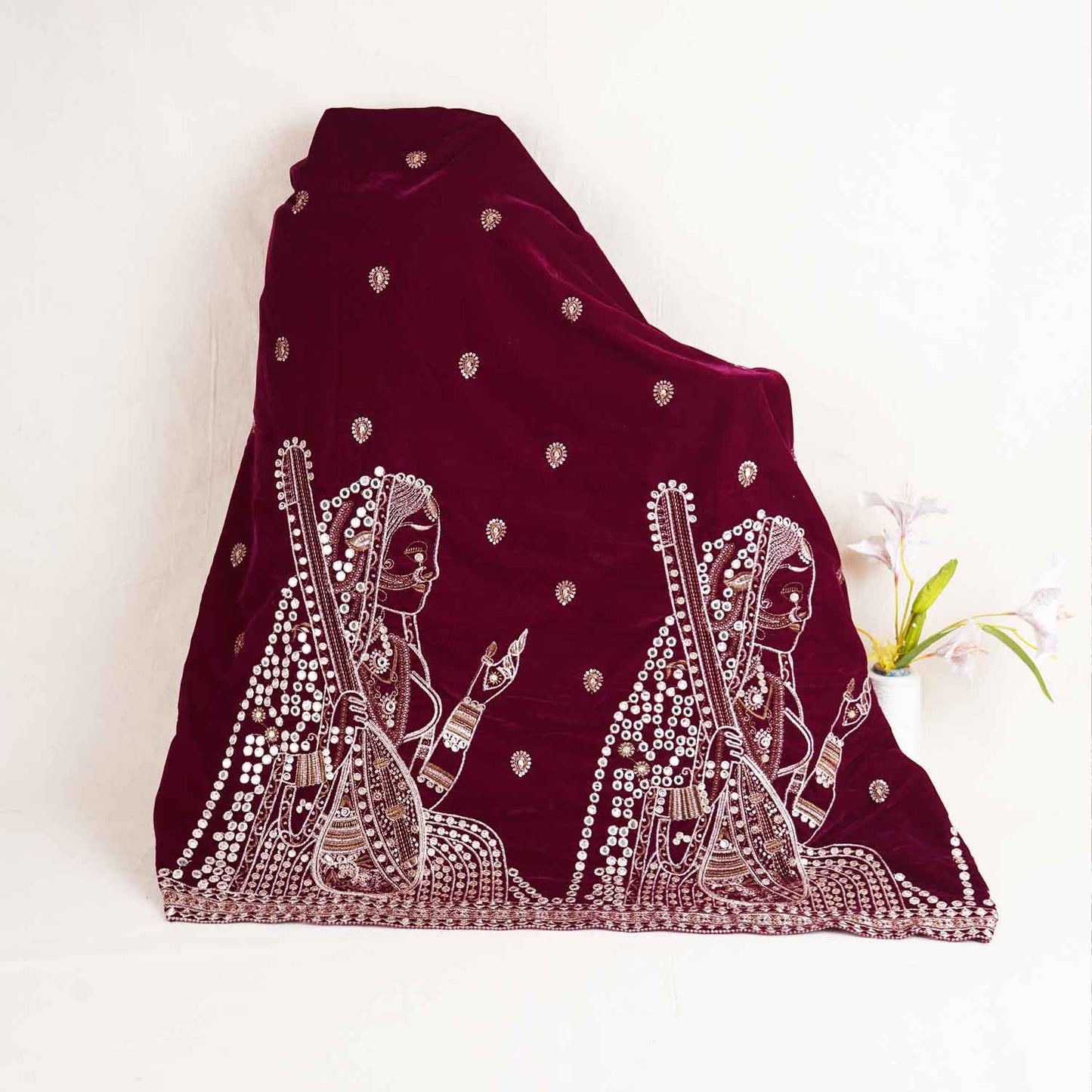 Magenta Pink Embroidery Velvet Fabric JD-28972