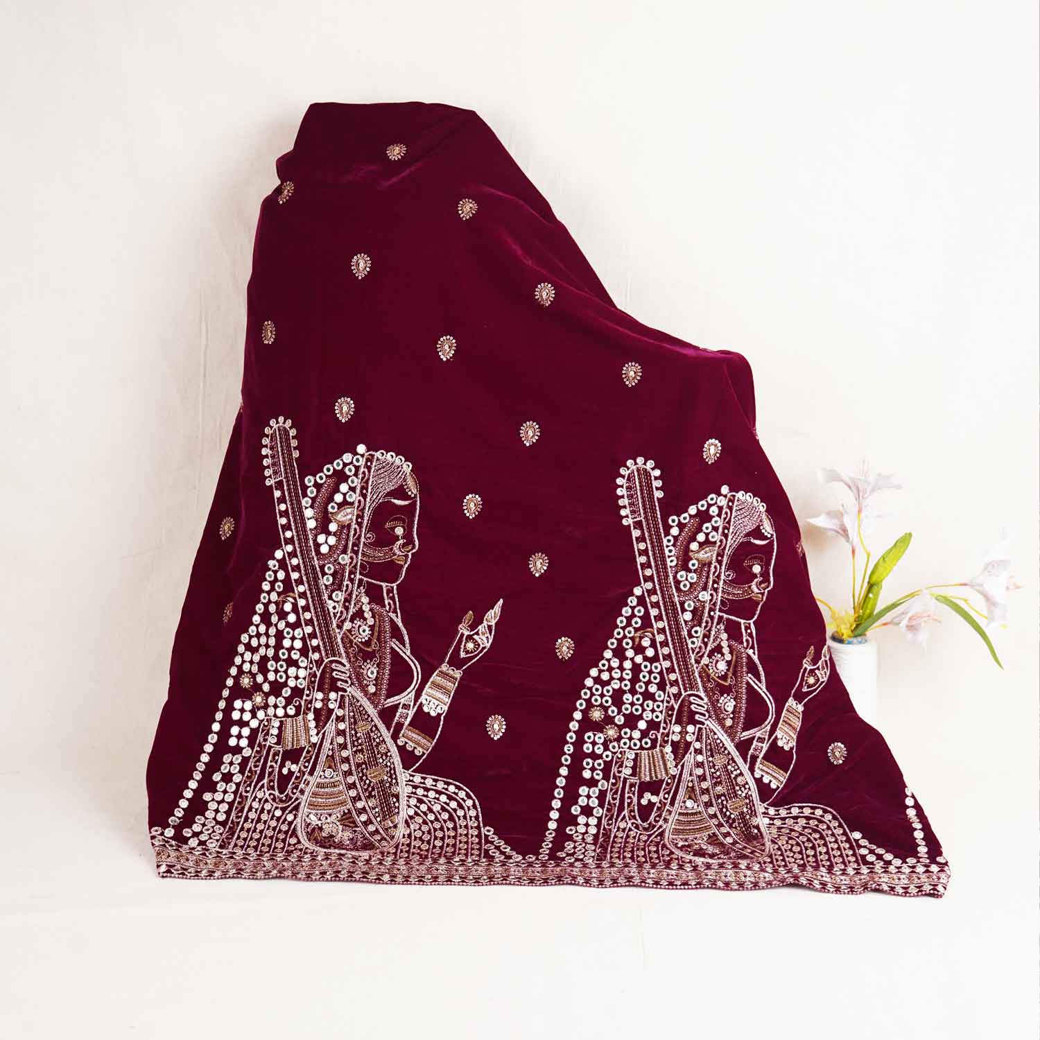 Magenta Pink Embroidery Velvet Fabric JD-28972 - TradeUNO