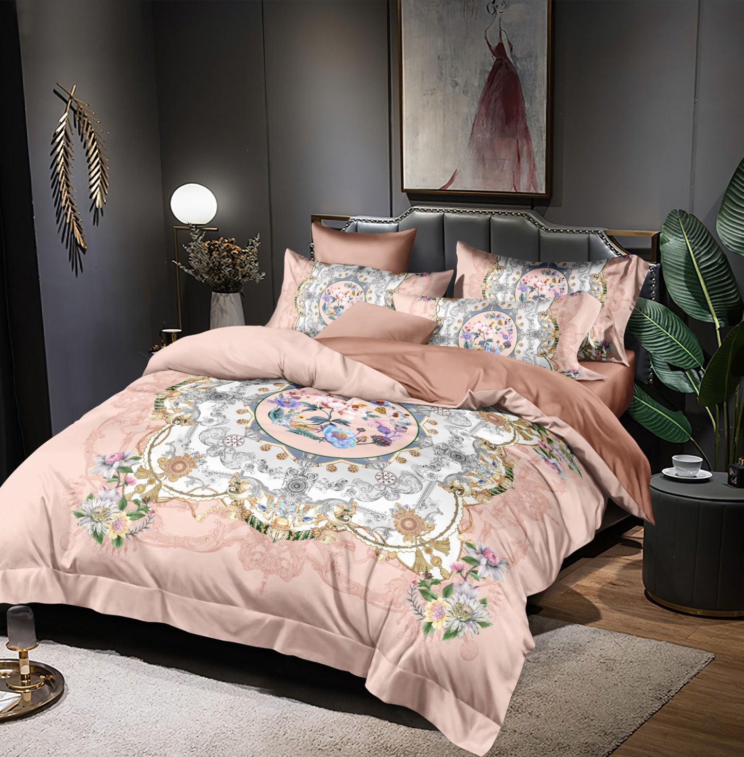 Pink & Multicolor Floral Print King Size Double Bedsheet - TradeUNO